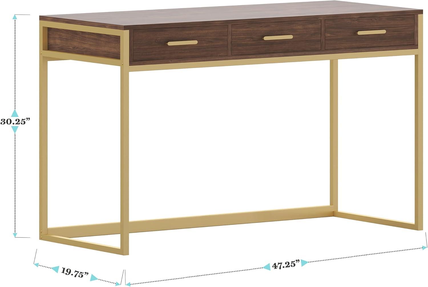 imageMartha Stewart Ollie Home Office Desk with 3 Drawers in Walnut Wood Grain with Polished Brass HardwareWalnut TopPolished Brass Frame
