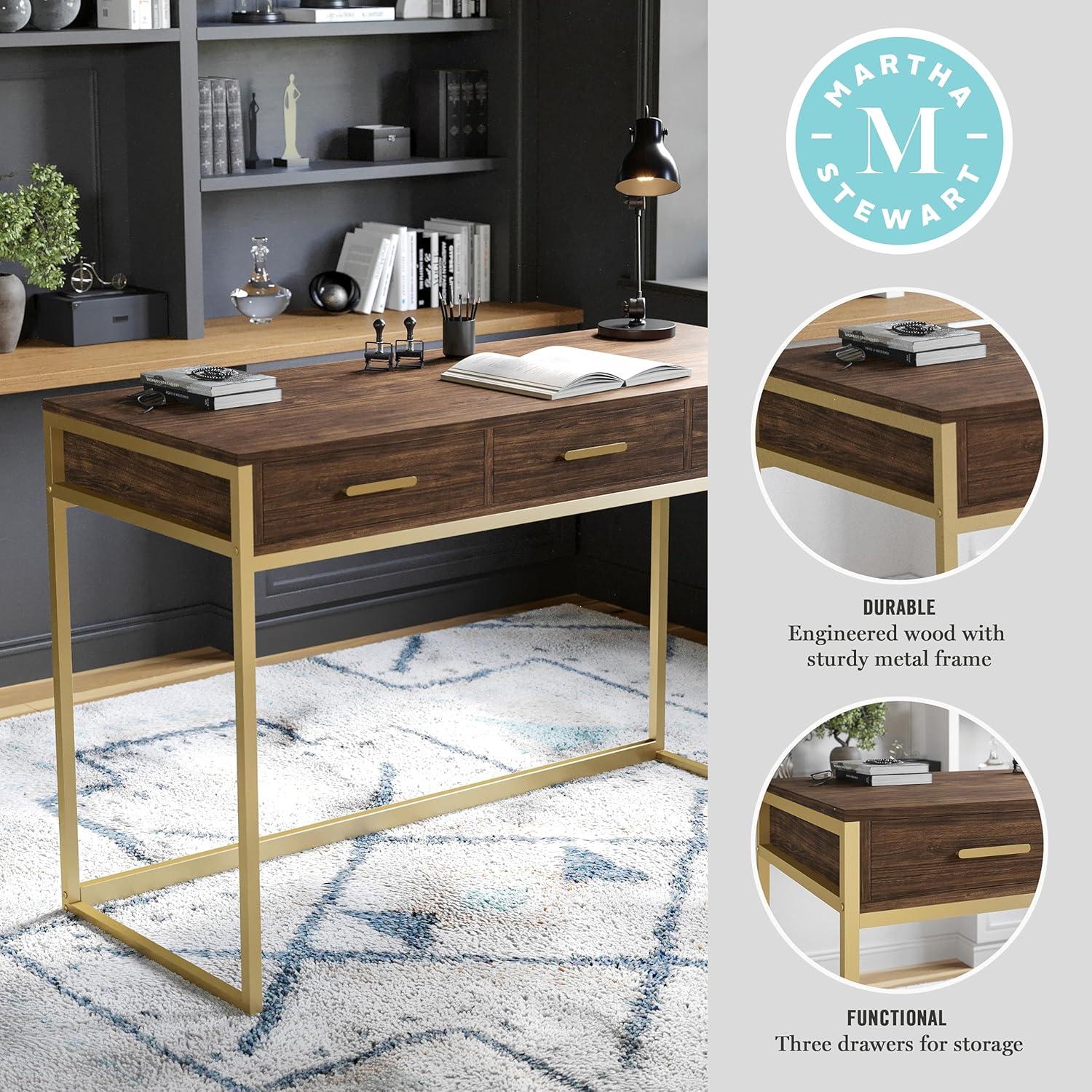 imageMartha Stewart Ollie Home Office Desk with 3 Drawers in Walnut Wood Grain with Polished Brass HardwareWalnut TopPolished Brass Frame