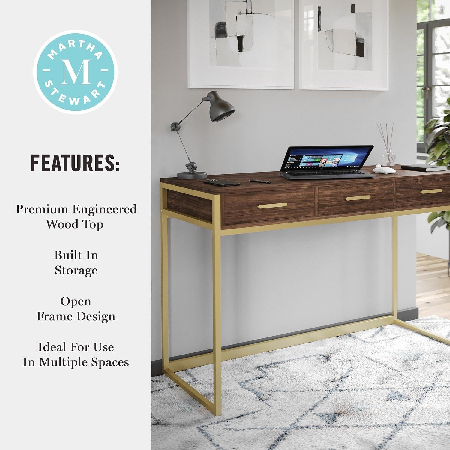 imageMartha Stewart Ollie Home Office Desk with 3 Drawers in Walnut Wood Grain with Polished Brass HardwareWalnut TopPolished Brass Frame