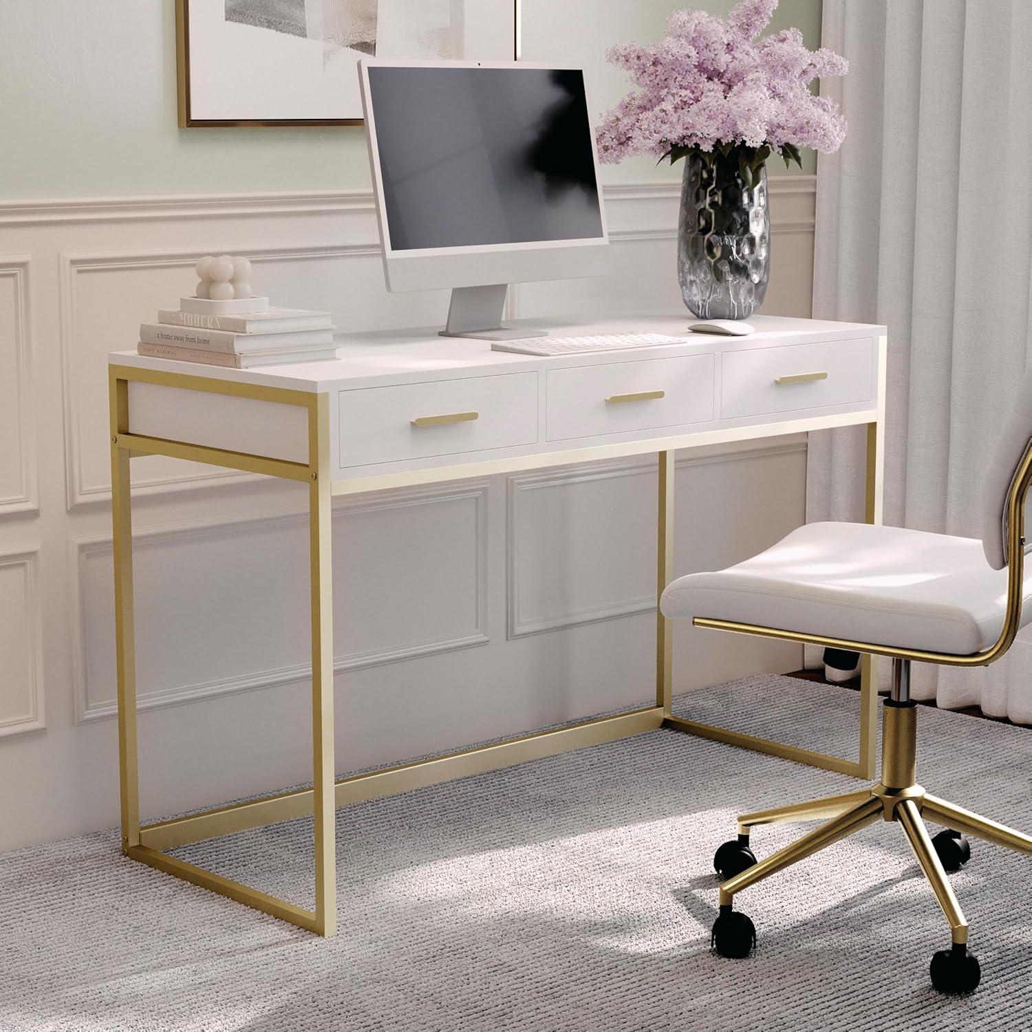 imageMartha Stewart Ollie Home Office Desk with 3 Drawers in Walnut Wood Grain with Polished Brass HardwareWhite TopPolished Brass Frame