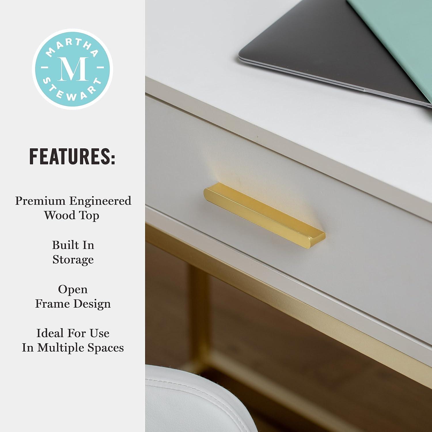 imageMartha Stewart Ollie Home Office Desk with 3 Drawers in Walnut Wood Grain with Polished Brass HardwareWhite TopPolished Brass Frame