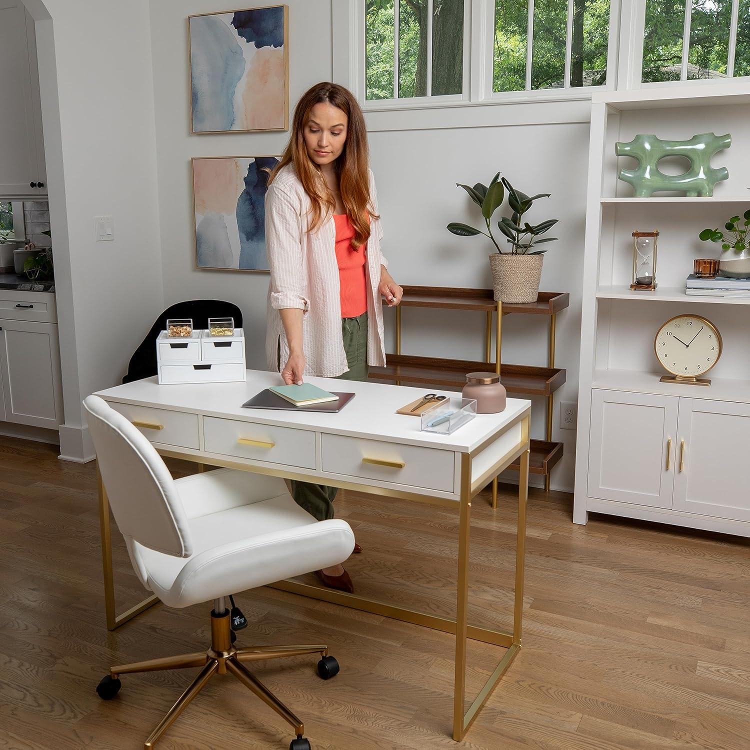imageMartha Stewart Ollie Home Office Desk with 3 Drawers in Walnut Wood Grain with Polished Brass HardwareWhite TopPolished Brass Frame