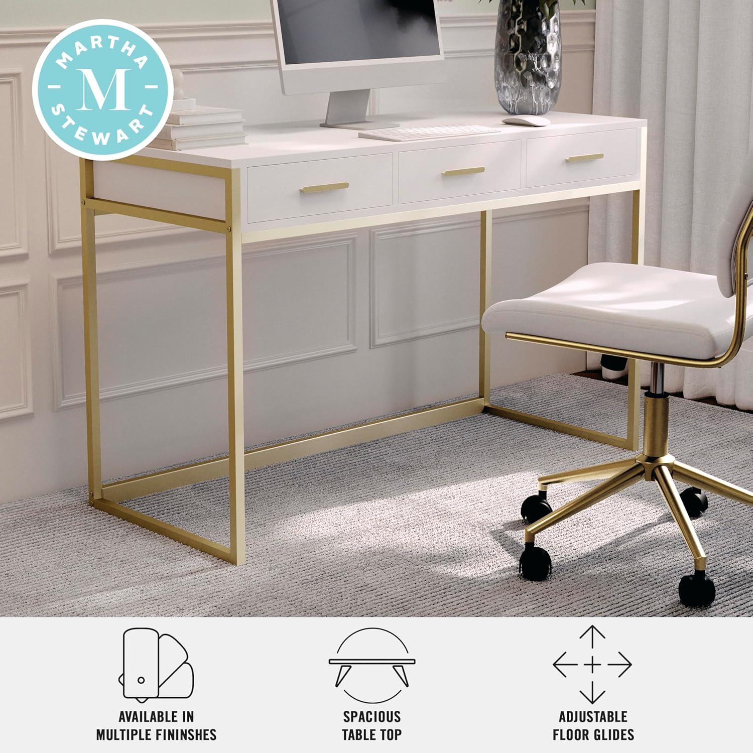 imageMartha Stewart Ollie Home Office Desk with 3 Drawers in Walnut Wood Grain with Polished Brass HardwareWhite TopPolished Brass Frame