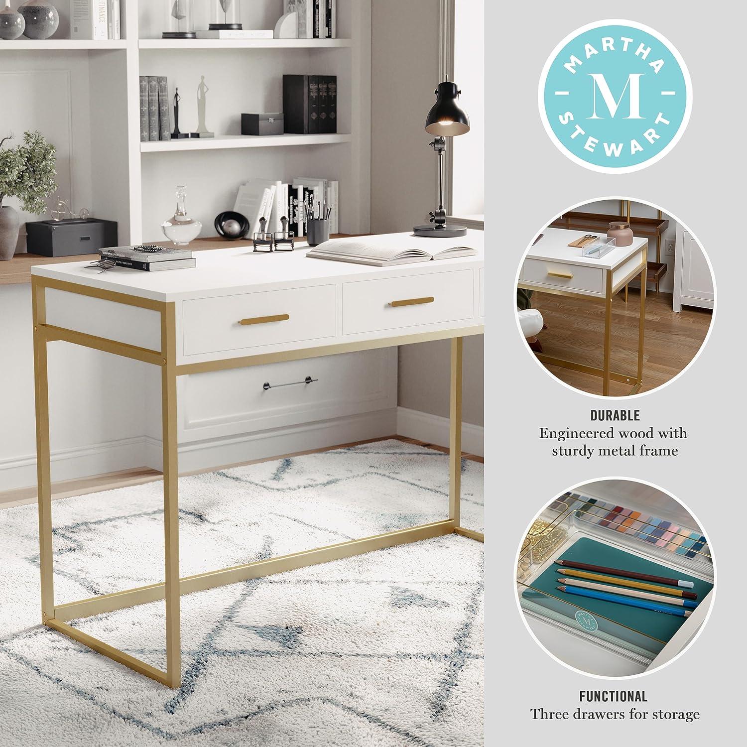 imageMartha Stewart Ollie Home Office Desk with 3 Drawers in Walnut Wood Grain with Polished Brass HardwareWhite TopPolished Brass Frame