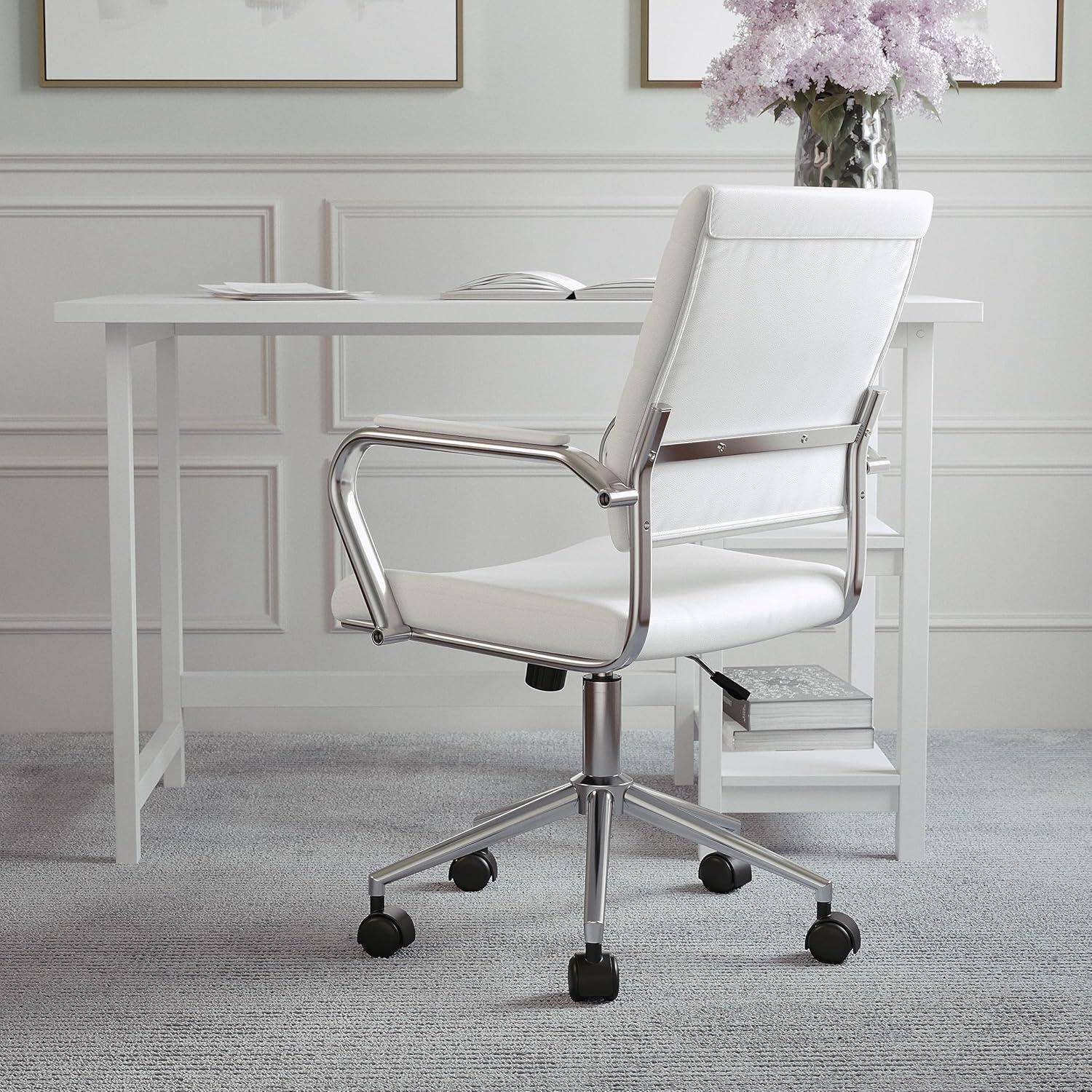 imageMartha Stewart Piper Swivel Task Chair with Armrests for Home Office in Saddle Brown Faux Leather with Polished Nickel FrameWhite Faux LeatherPolished Nickel