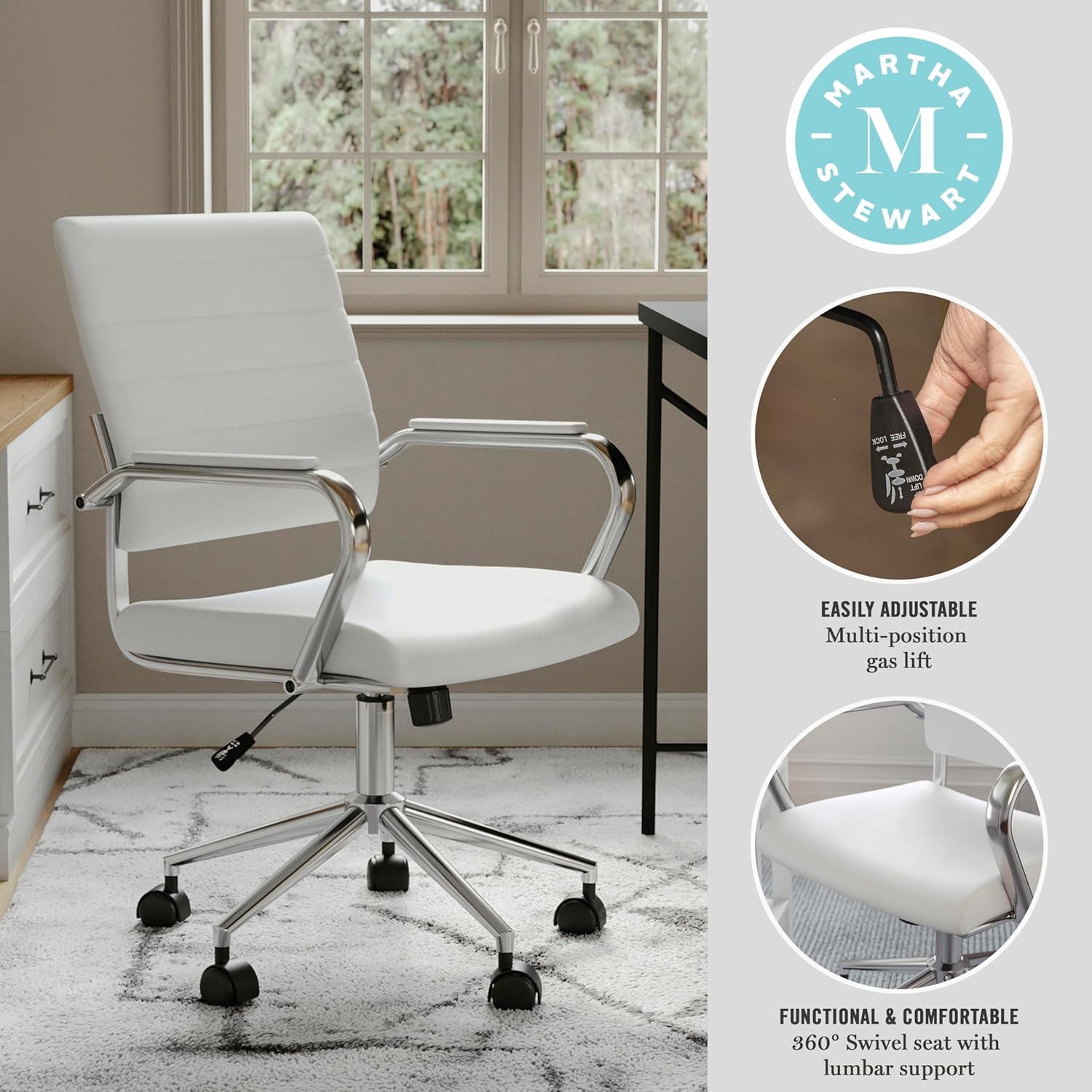 imageMartha Stewart Piper Swivel Task Chair with Armrests for Home Office in Saddle Brown Faux Leather with Polished Nickel FrameWhite Faux LeatherPolished Nickel