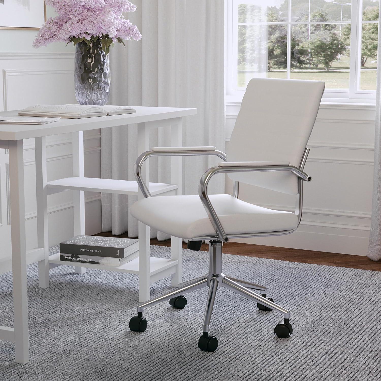 imageMartha Stewart Piper Swivel Task Chair with Armrests for Home Office in Saddle Brown Faux Leather with Polished Nickel FrameWhite Faux LeatherPolished Nickel