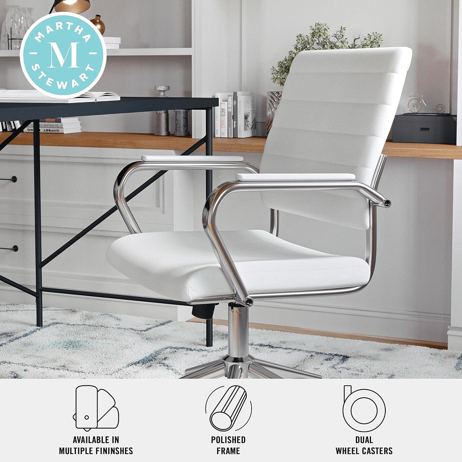 imageMartha Stewart Piper Swivel Task Chair with Armrests for Home Office in Saddle Brown Faux Leather with Polished Nickel FrameWhite Faux LeatherPolished Nickel
