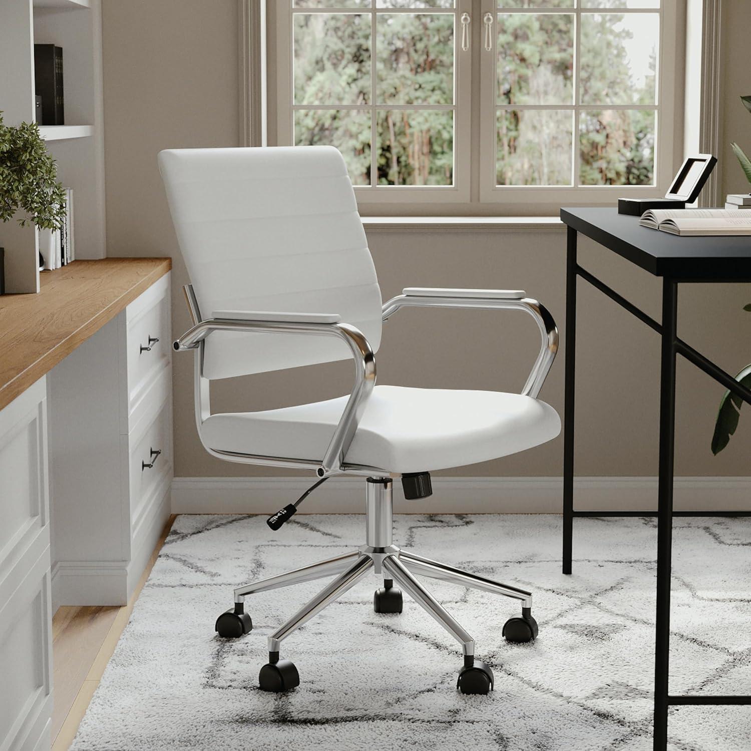imageMartha Stewart Piper Swivel Task Chair with Armrests for Home Office in Saddle Brown Faux Leather with Polished Nickel FrameWhite Faux LeatherPolished Nickel