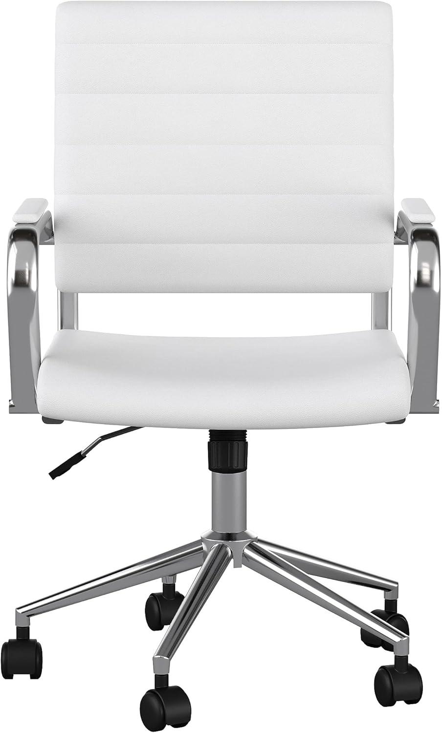 imageMartha Stewart Piper Swivel Task Chair with Armrests for Home Office in Saddle Brown Faux Leather with Polished Nickel FrameWhite Faux LeatherPolished Nickel