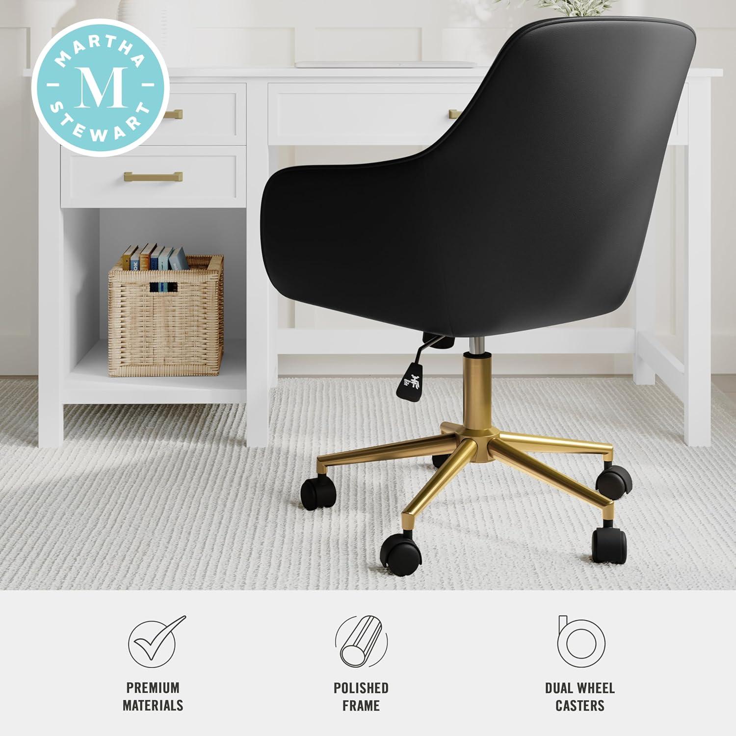 imageMartha Stewart Rayna Swivel Task Chair with Flared Arms for Home Office in White Boucle with Oil Rubbed Bronze FrameBlack Faux LeatherPolished Brass Frame