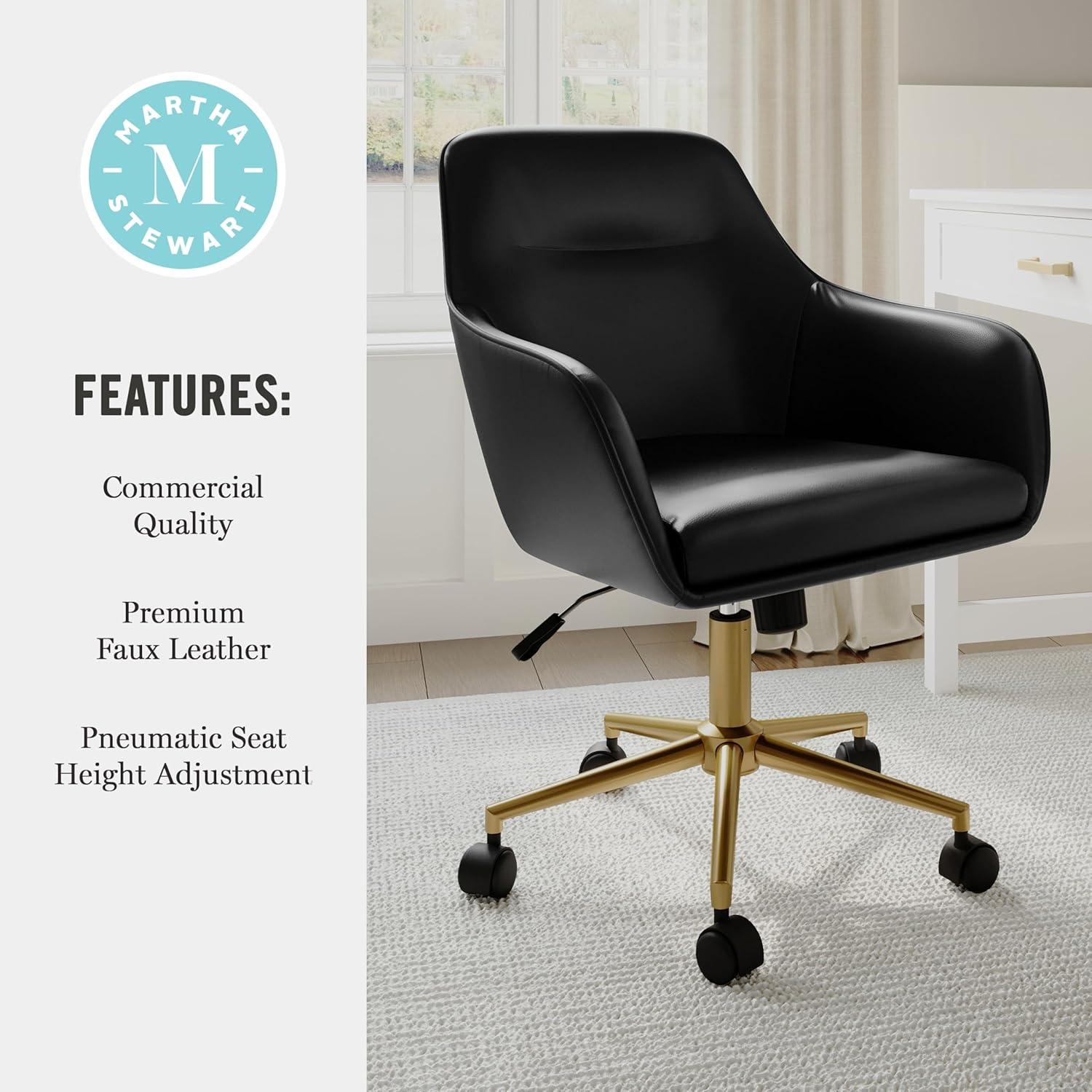 imageMartha Stewart Rayna Swivel Task Chair with Flared Arms for Home Office in White Boucle with Oil Rubbed Bronze FrameBlack Faux LeatherPolished Brass Frame