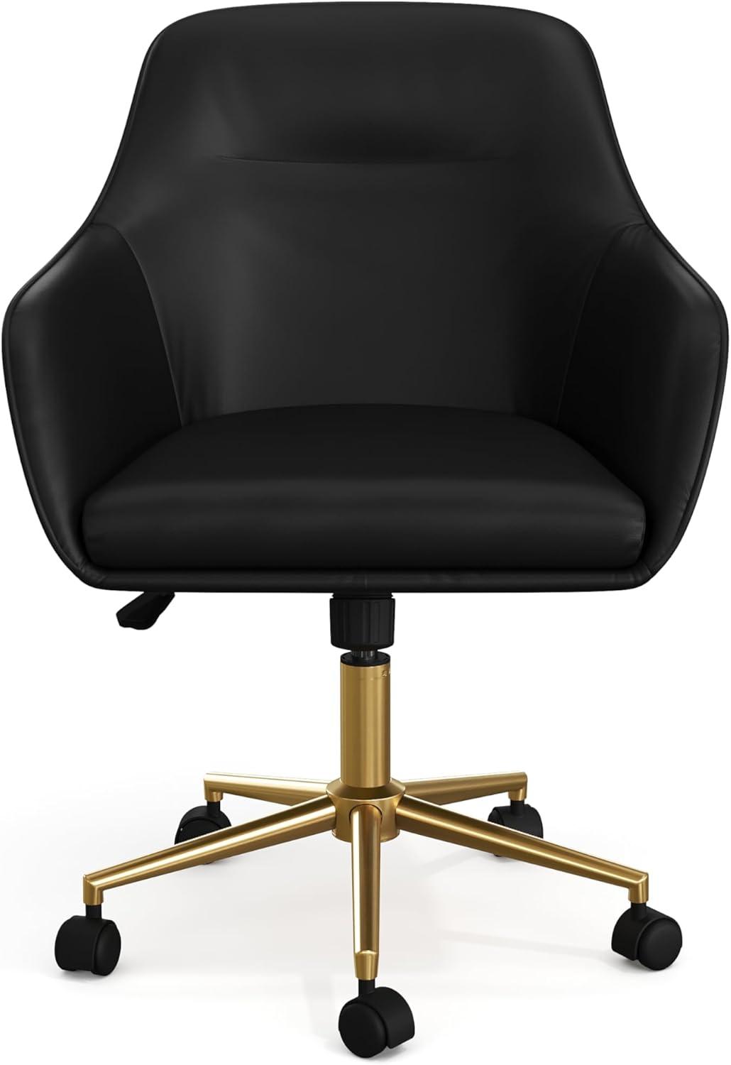 imageMartha Stewart Rayna Swivel Task Chair with Flared Arms for Home Office in White Boucle with Oil Rubbed Bronze FrameBlack Faux LeatherPolished Brass Frame
