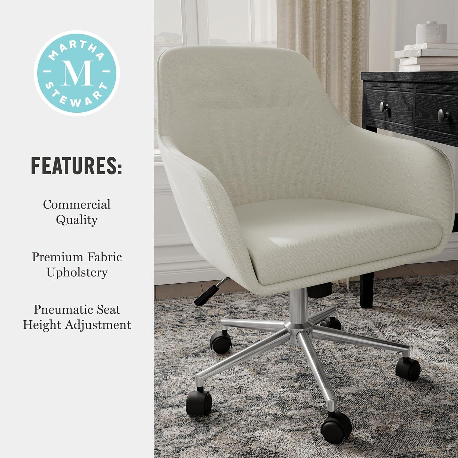 imageMartha Stewart Rayna Swivel Task Chair with Flared Arms for Home Office in White Boucle with Oil Rubbed Bronze FrameLight Gray FabricPolished Nickel Frame