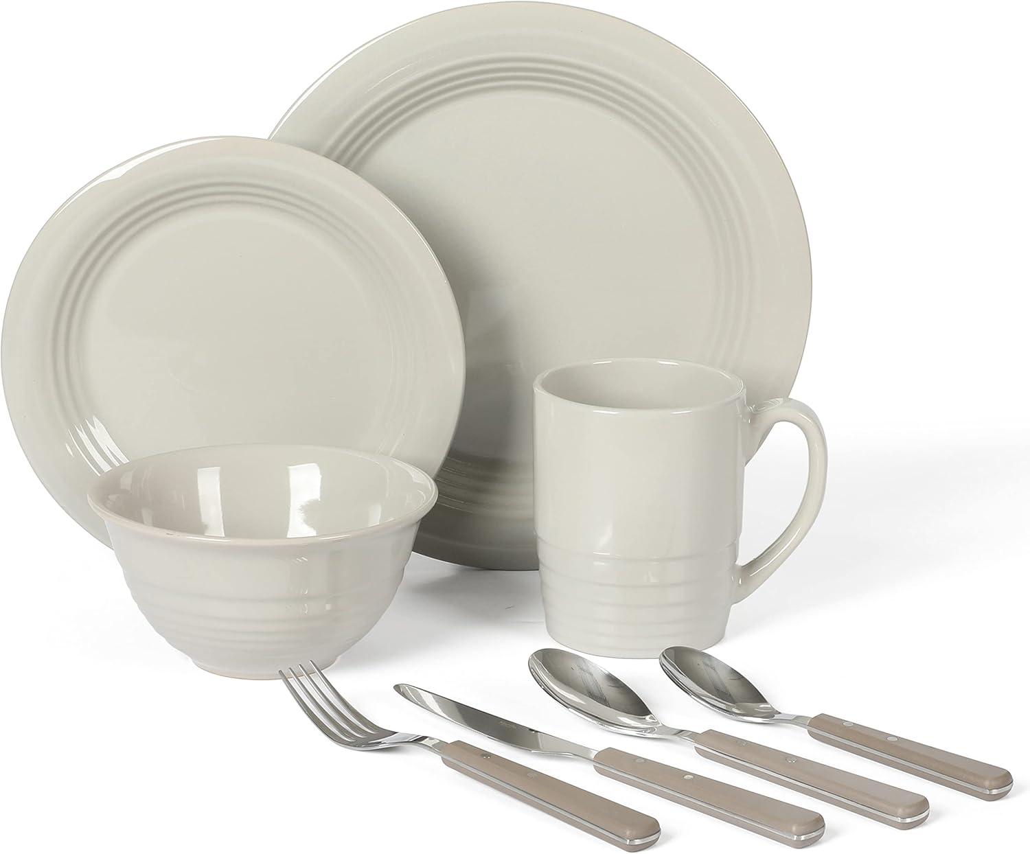 imageMartha Stewart Reedley 32 Piece Stoneware Dinnerware and Flatware Combo Set Linen WhiteGray