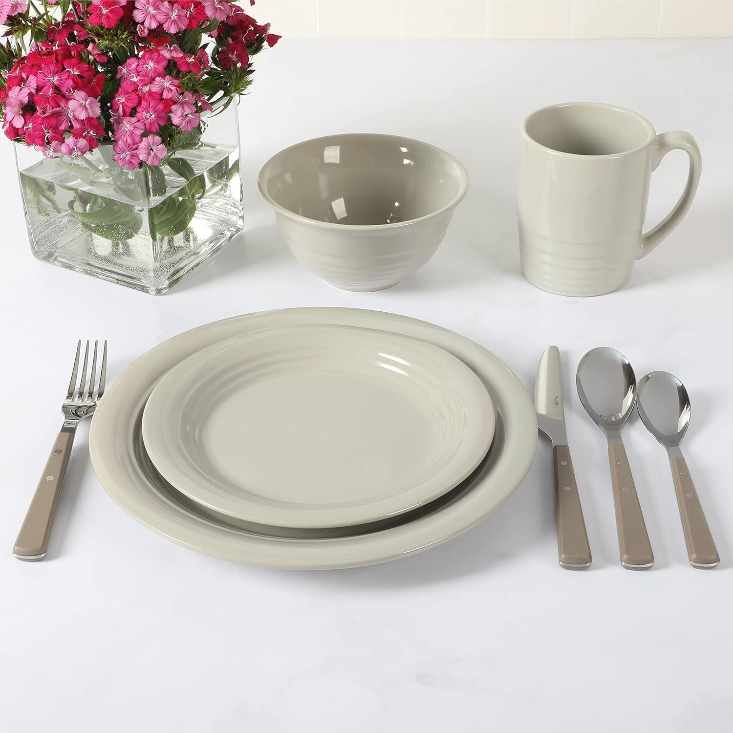 imageMartha Stewart Reedley 32 Piece Stoneware Dinnerware and Flatware Combo Set Linen WhiteGray