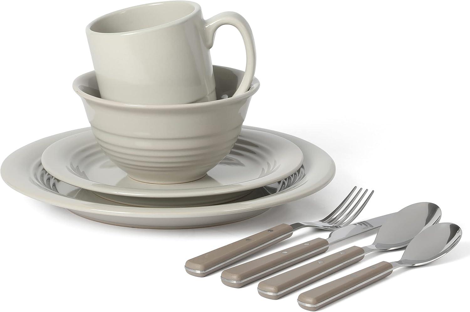 imageMartha Stewart Reedley 32 Piece Stoneware Dinnerware and Flatware Combo Set Linen WhiteGray