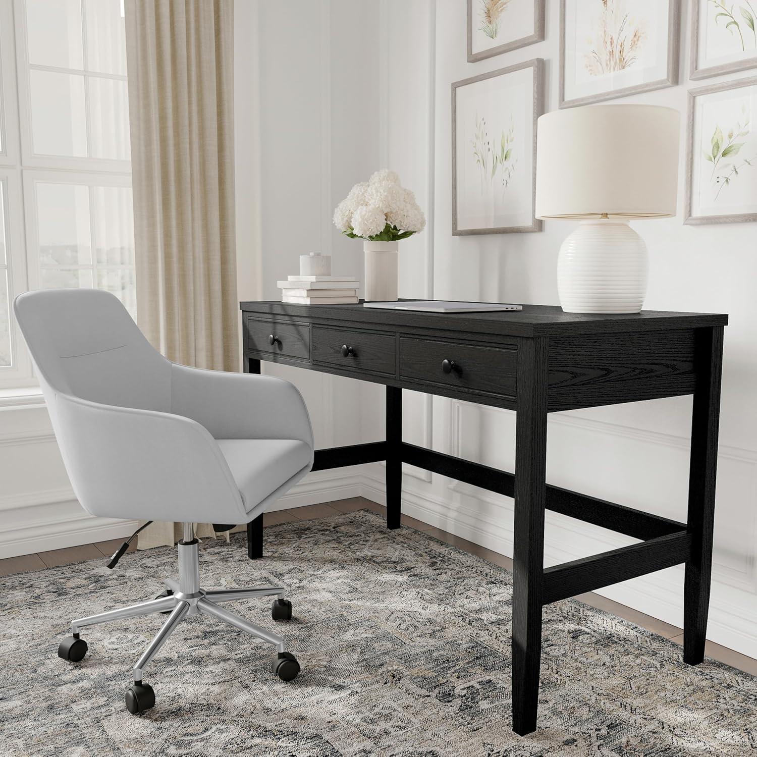 imageMartha Stewart Rhett Home Office Desk with 3 Drawers and Tapered Legs in Black with Oil Rubbed Bronze HardwareBlack FrameOil Rubbed Bronzed Hardware