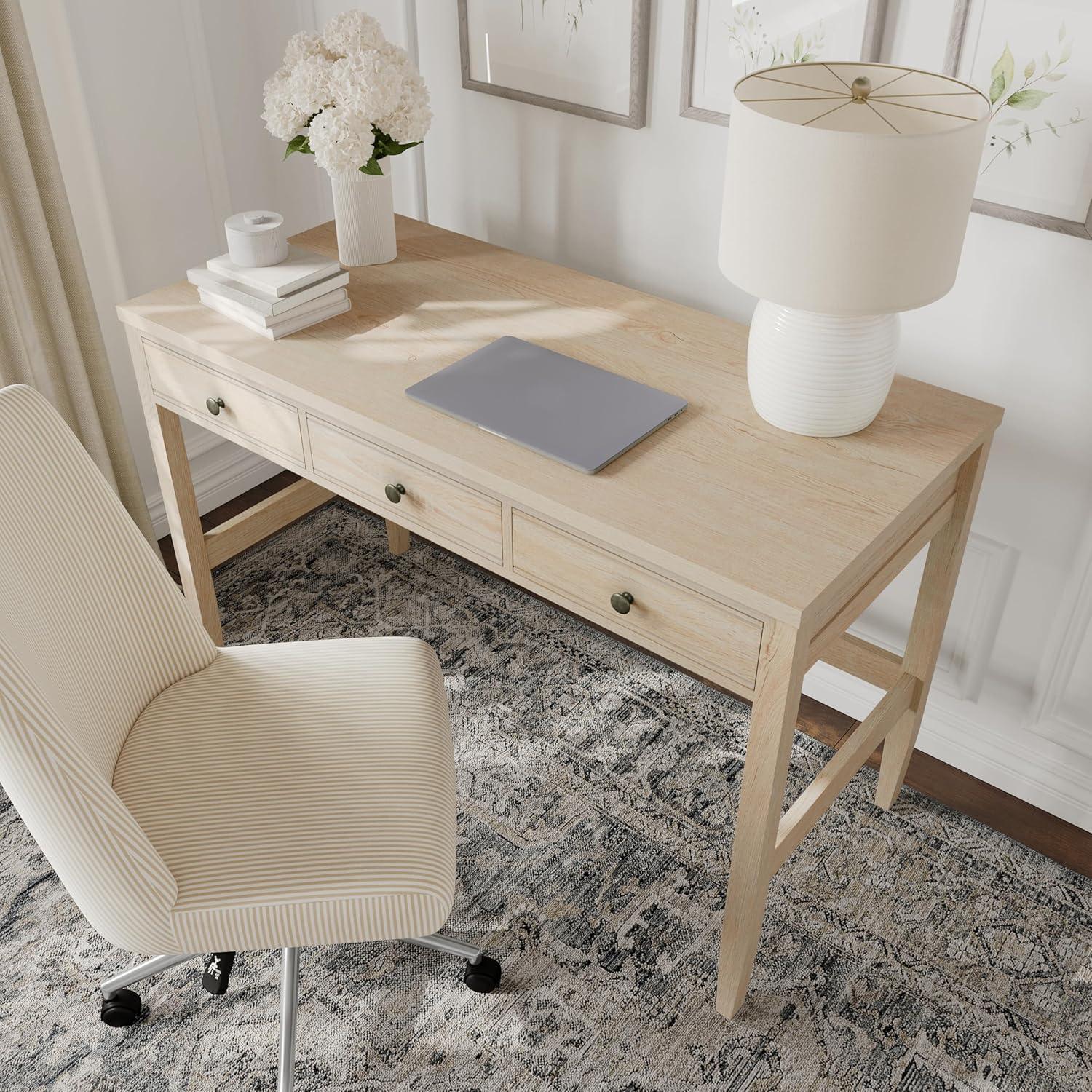 imageMartha Stewart Rhett Home Office Desk with 3 Drawers and Tapered Legs in Black with Oil Rubbed Bronze HardwareLight Natural FrameAntique Bronze Hardware