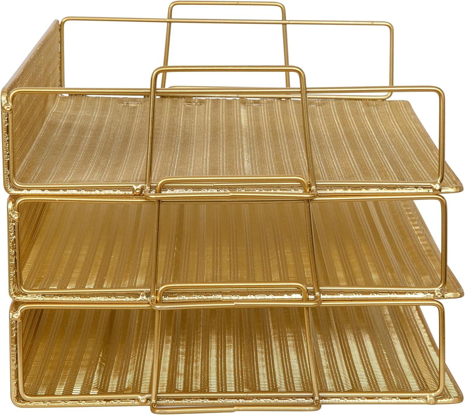 imageMartha Stewart Ryder 3 Tier Desk Letter Tray Organizer Stackable Steel Mesh Inbox Tray for Files Papers or Letters Gold