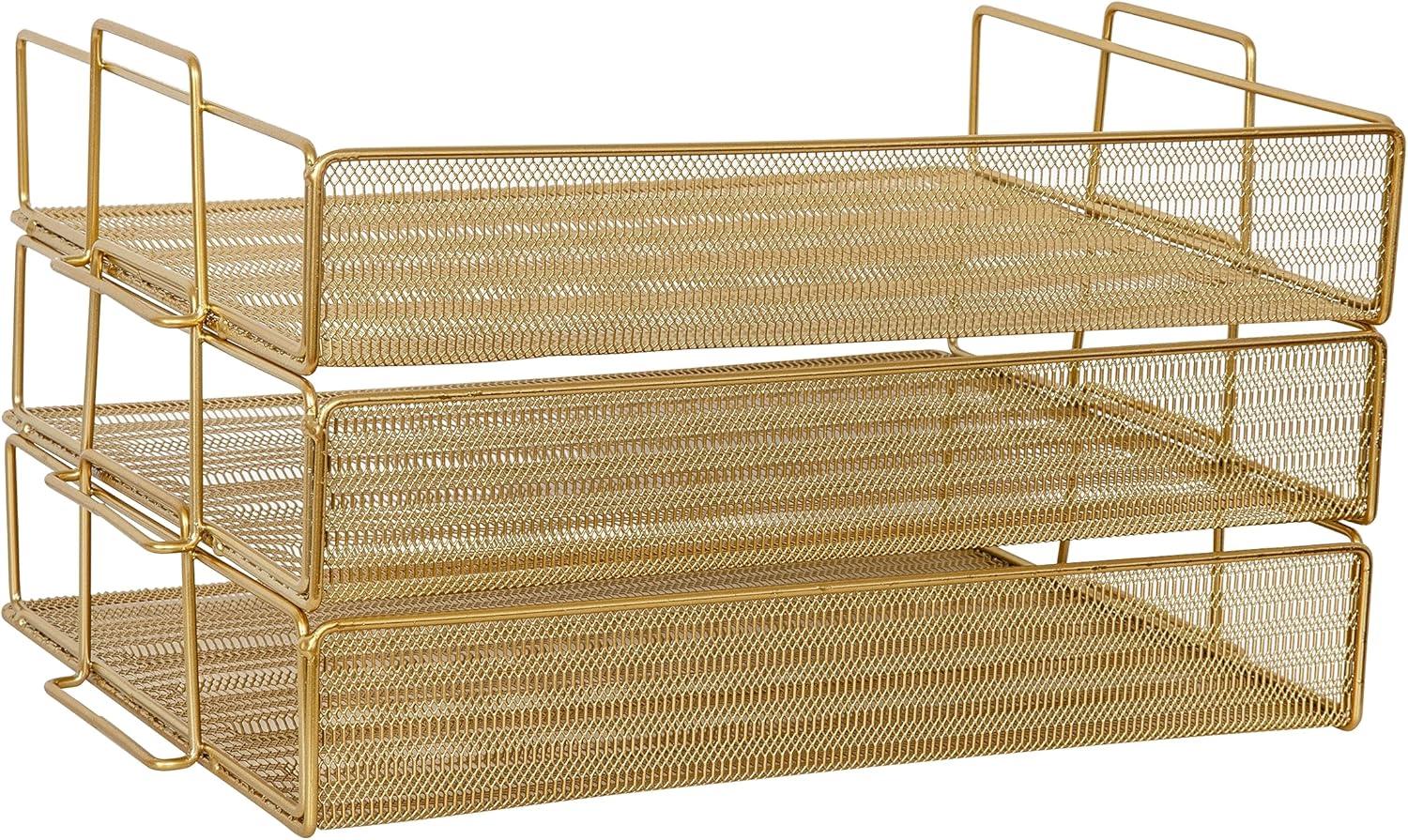 imageMartha Stewart Ryder 3 Tier Desk Letter Tray Organizer Stackable Steel Mesh Inbox Tray for Files Papers or Letters Gold