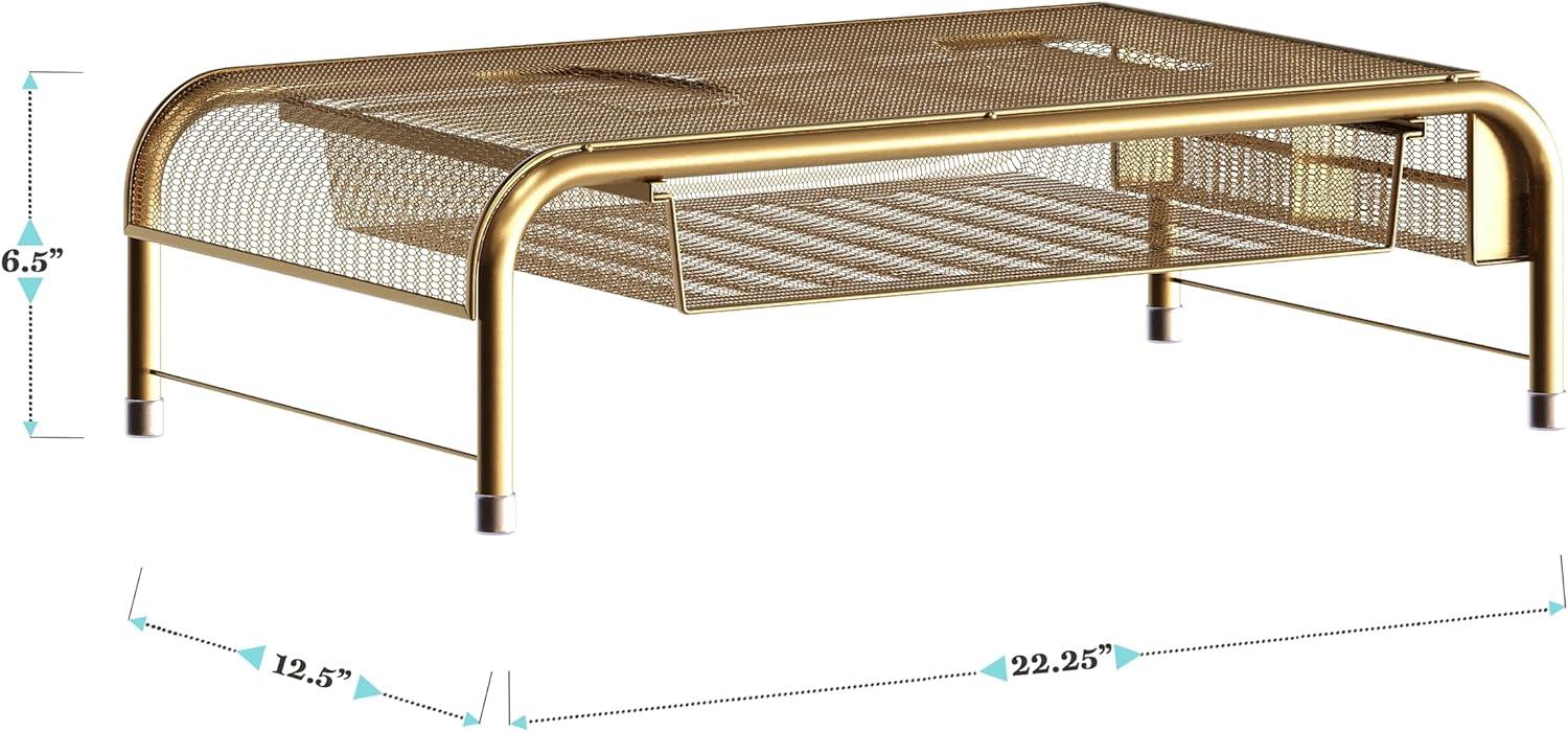 imageMartha Stewart Ryder Gold Mesh Metal Desktop Monitor Stand Riser with Organizer Drawer and Side Storage