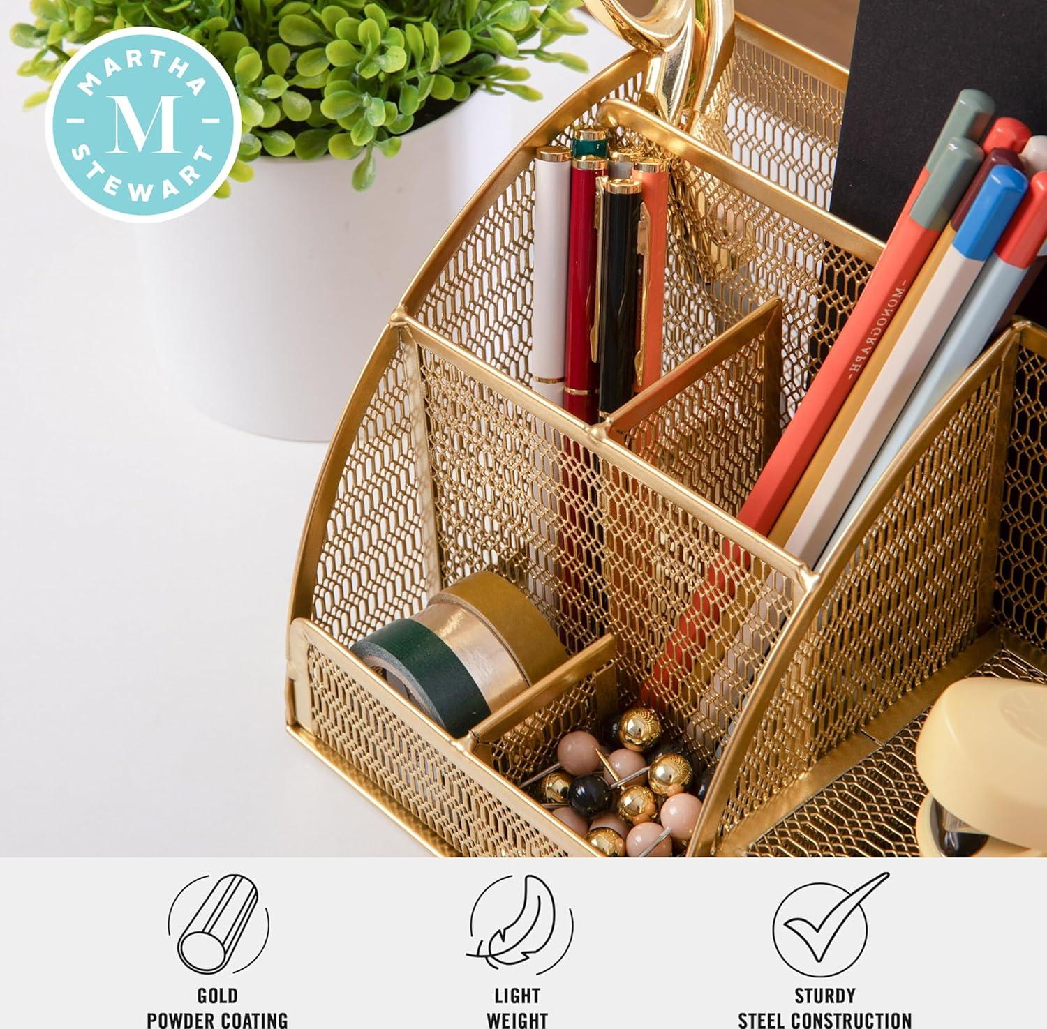 imageMartha Stewart Ryder Gold Mesh Metal Small Desktop Organizer for Office Accessories Notebooks Pen Holder and Drawer