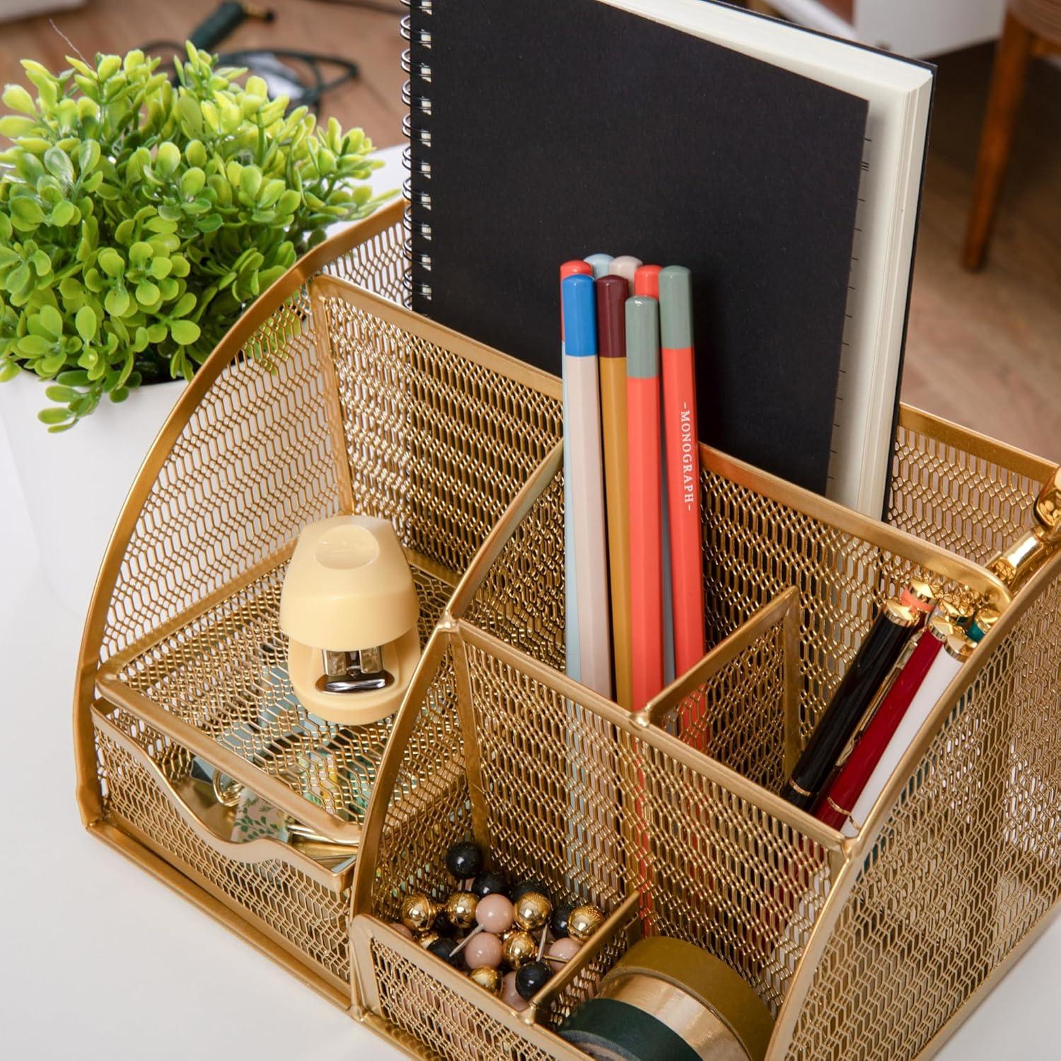 imageMartha Stewart Ryder Gold Mesh Metal Small Desktop Organizer for Office Accessories Notebooks Pen Holder and Drawer