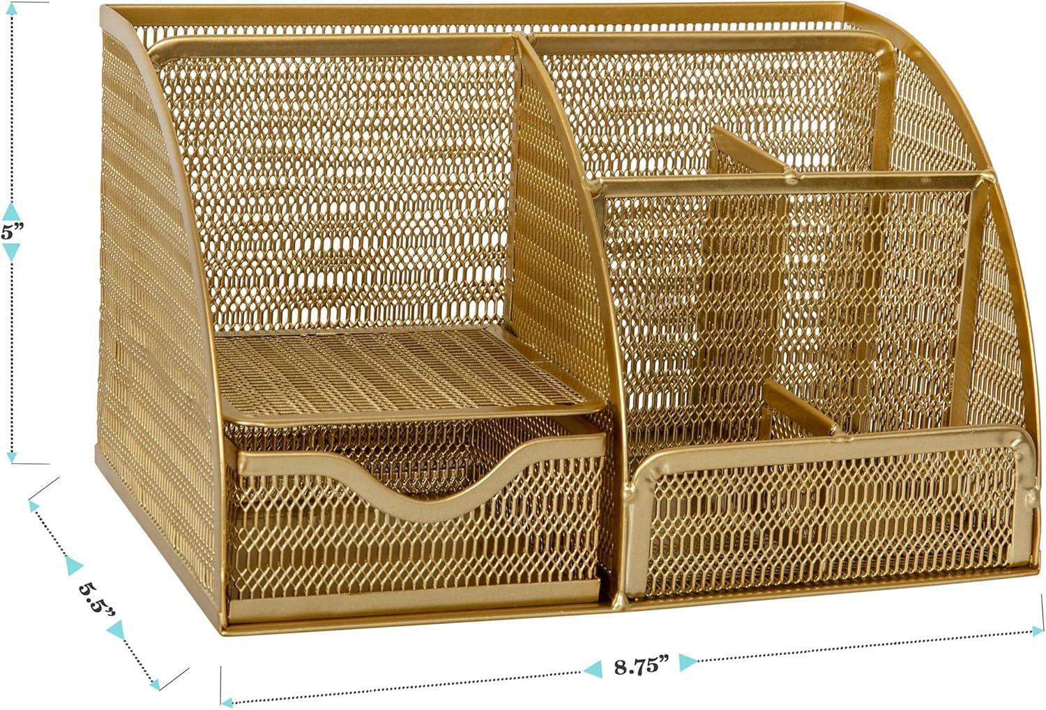 imageMartha Stewart Ryder Gold Mesh Metal Small Desktop Organizer for Office Accessories Notebooks Pen Holder and Drawer