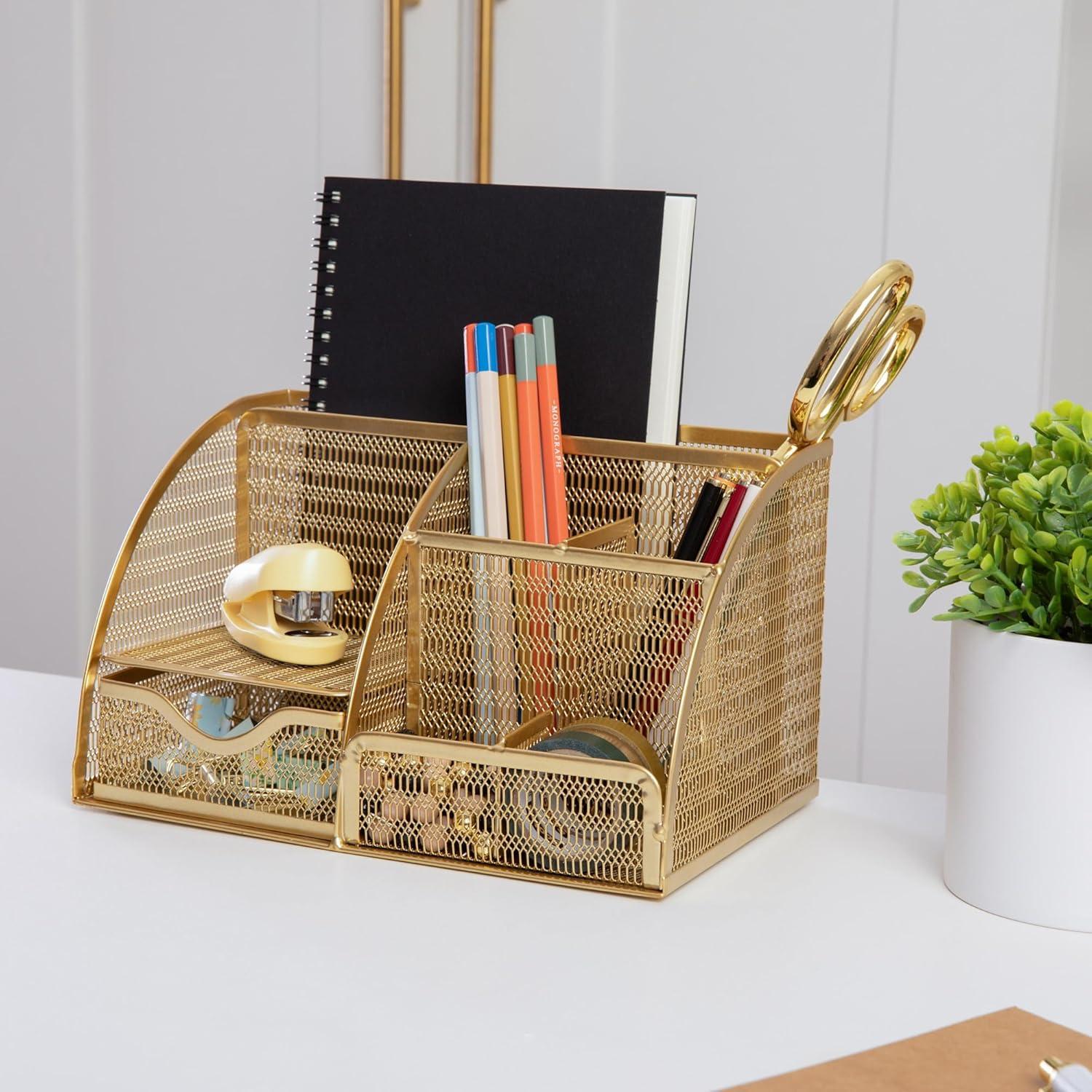 imageMartha Stewart Ryder Gold Mesh Metal Small Desktop Organizer for Office Accessories Notebooks Pen Holder and Drawer