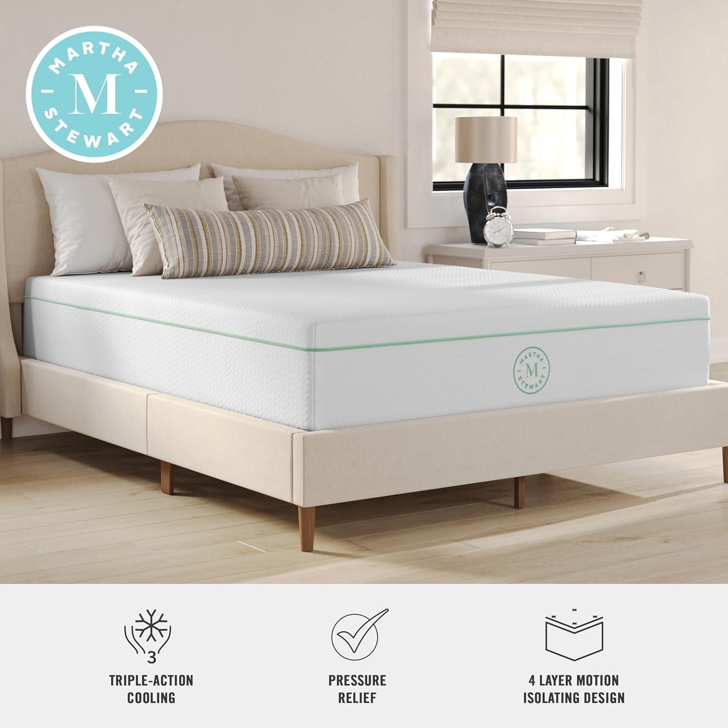 imageMartha Stewart SleepComplete Queen Mattress in a Box MediumFirm TripleAction Cooling Gel Memory Foam Mattress Removable Coolweave Jacquard Cover 12quot WhiteQueen