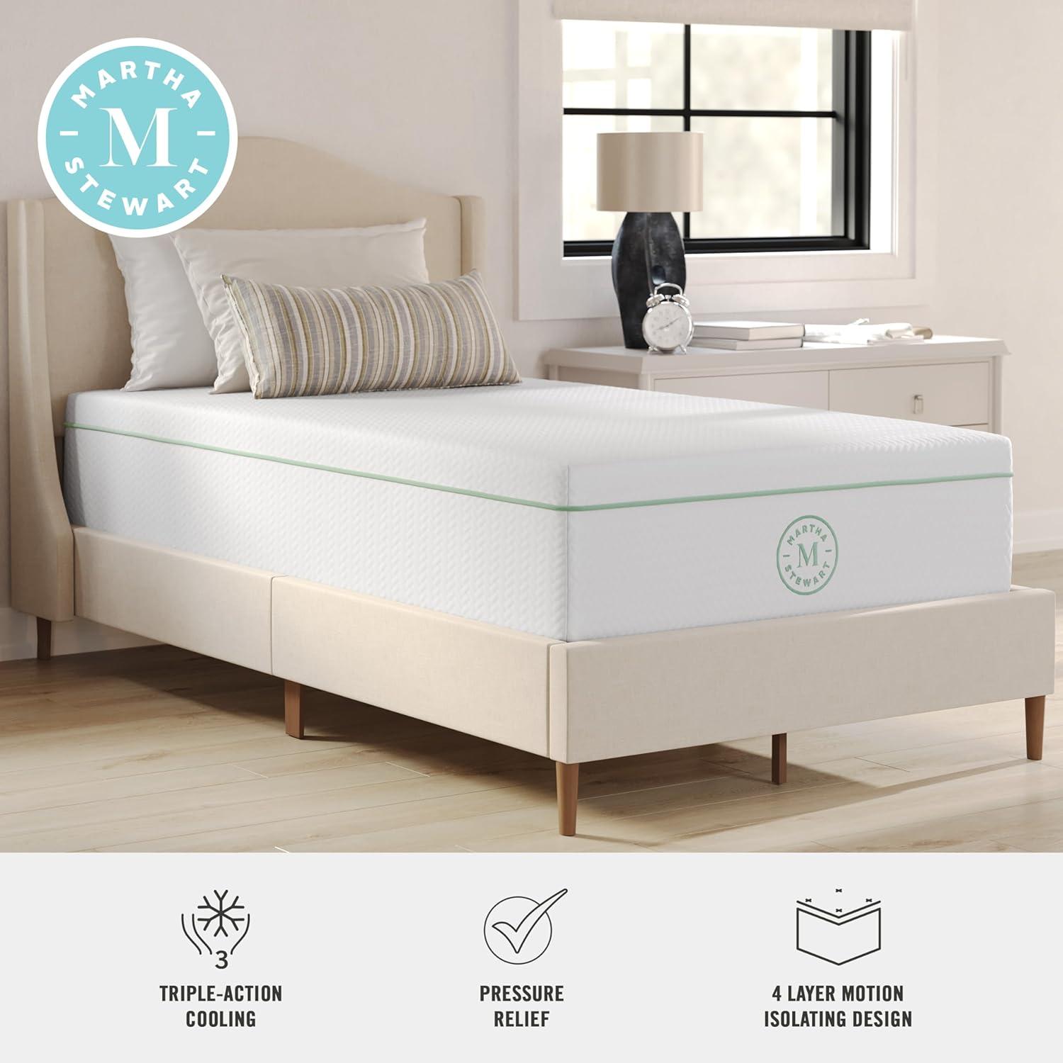 imageMartha Stewart SleepComplete Queen Mattress in a Box MediumFirm TripleAction Cooling Gel Memory Foam Mattress Removable Coolweave Jacquard Cover 12quot WhiteTwin