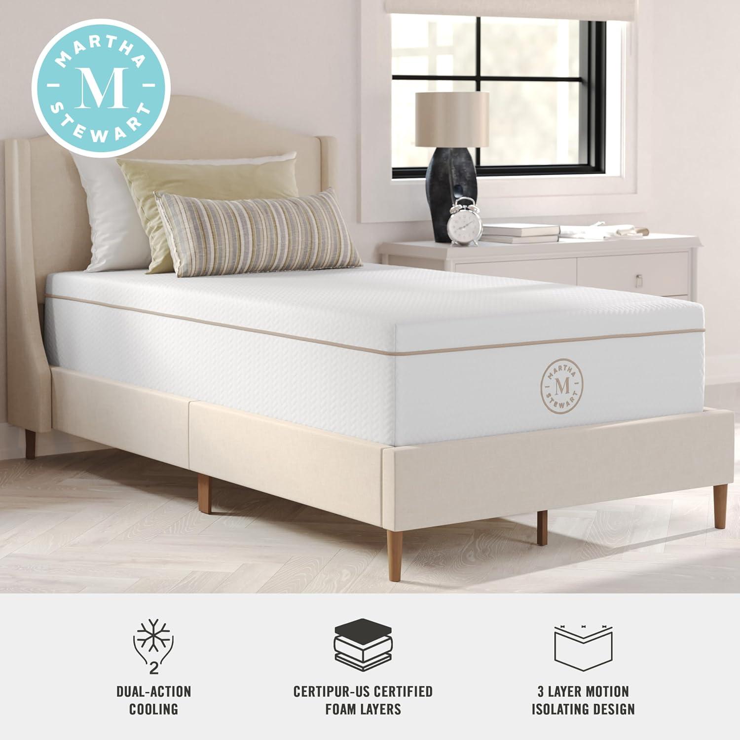 imageMartha Stewart SleepComplete Queen Mattress in a Box MediumPlush DualAction Cooling Gel Memory Foam Mattress Removable Coolweave Jacquard Cover 12quot WhiteWhite