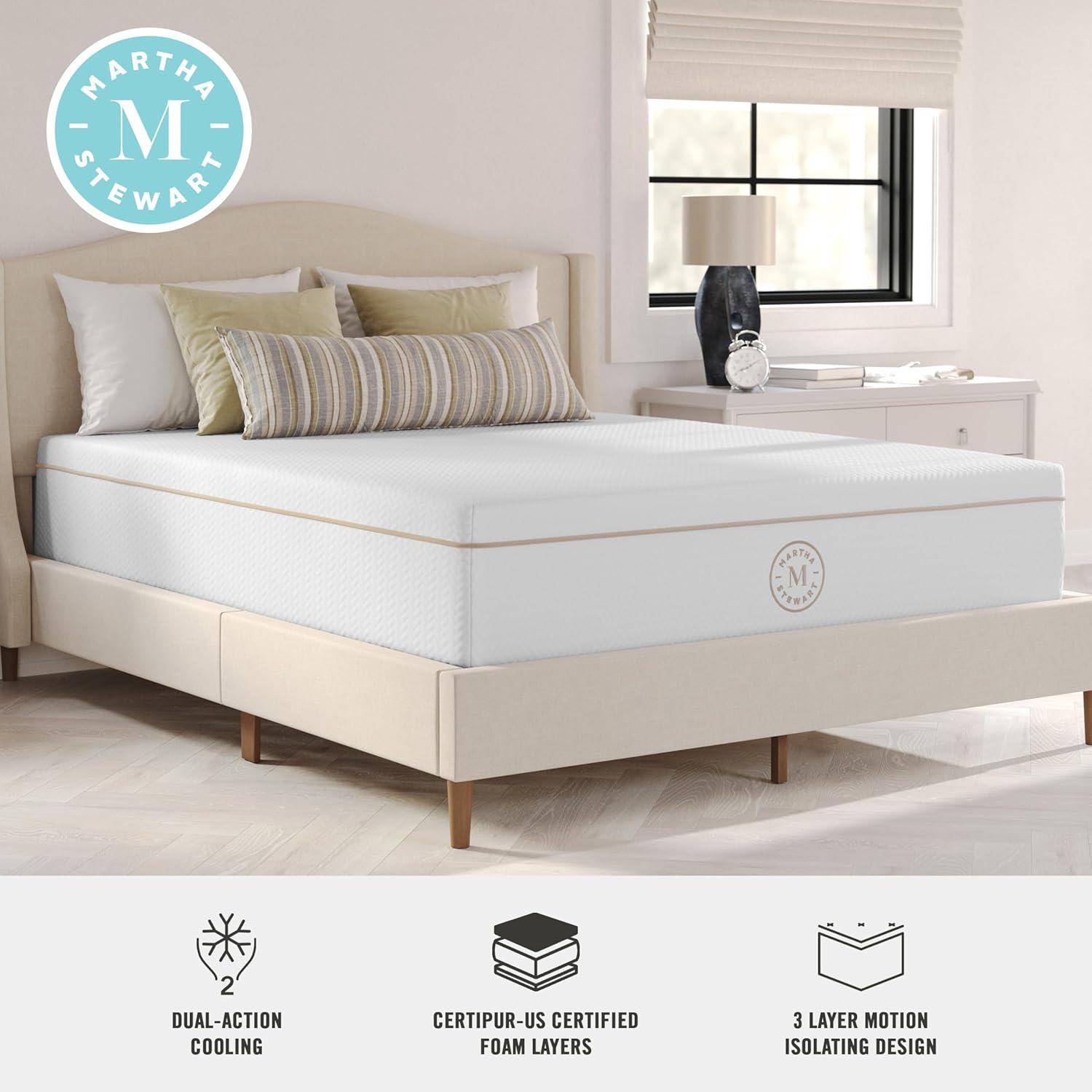 imageMartha Stewart SleepComplete Queen Mattress in a Box MediumPlush DualAction Cooling Gel Memory Foam Mattress Removable Coolweave Jacquard Cover 12quot WhiteWhite