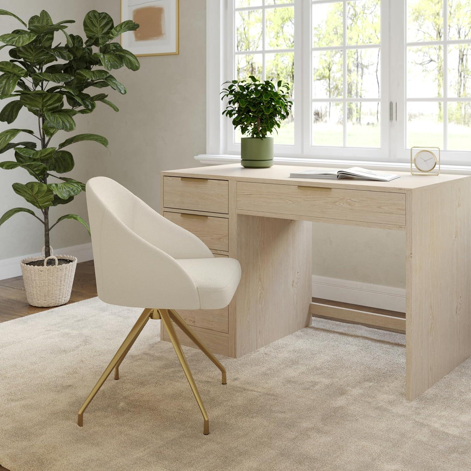 imageMartha Stewart Sora Stationary Swivel Task Chair with Sloped Arms for Home Office in White Boucle with Oil Rubbed Bronze FrameOff White BouclePolished Brass Frame