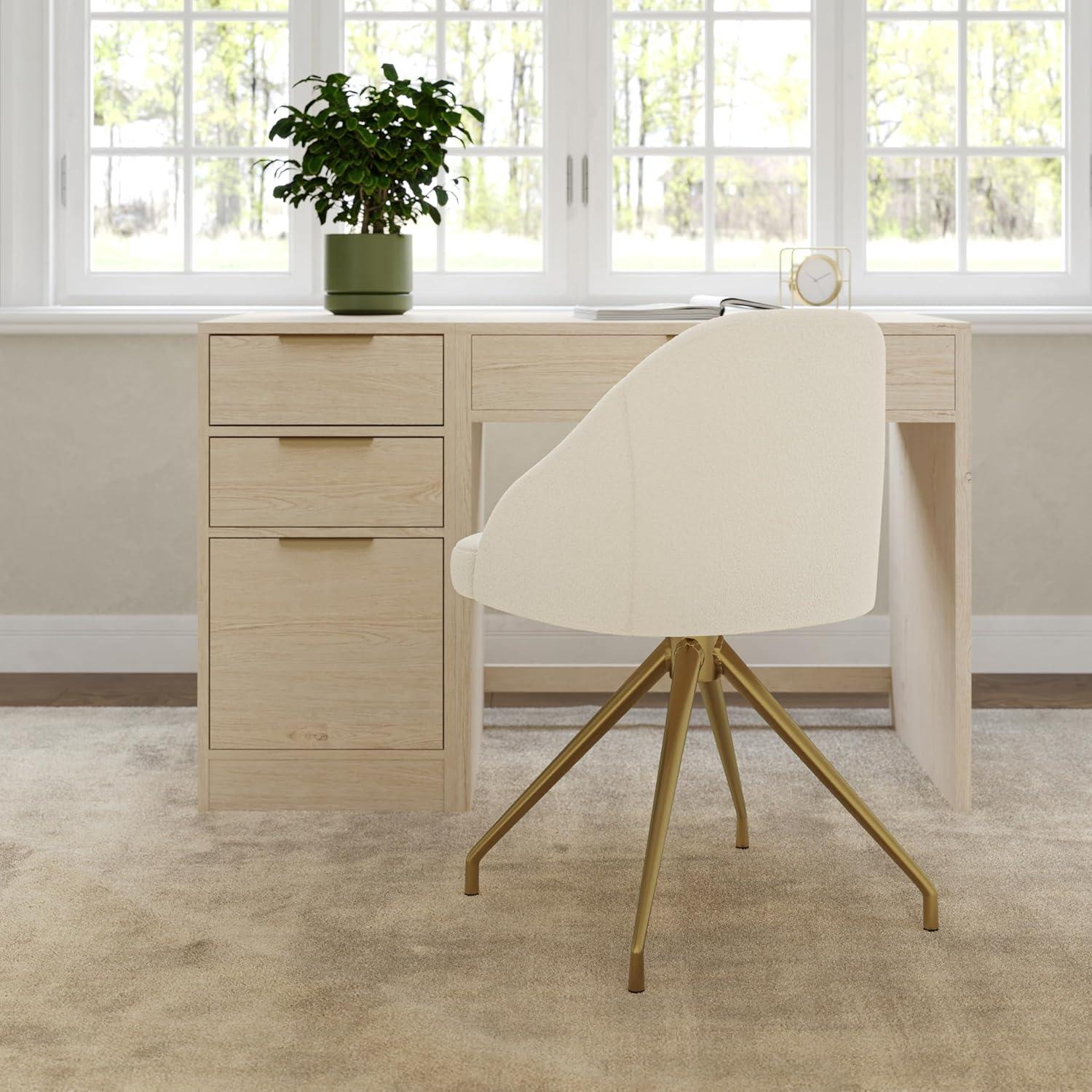 imageMartha Stewart Sora Stationary Swivel Task Chair with Sloped Arms for Home Office in White Boucle with Oil Rubbed Bronze FrameOff White BouclePolished Brass Frame