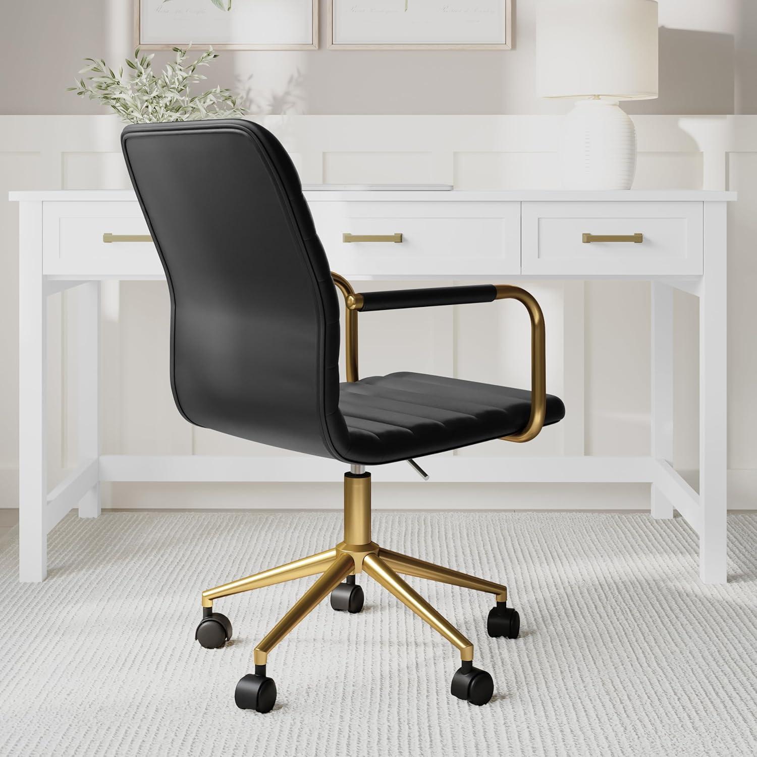 imageMartha Stewart Taytum Swivel Task Chair with Armrests for Home Office in White Faux Leather with Polished Brass FrameBlack Faux LeatherPolished Brass Frame