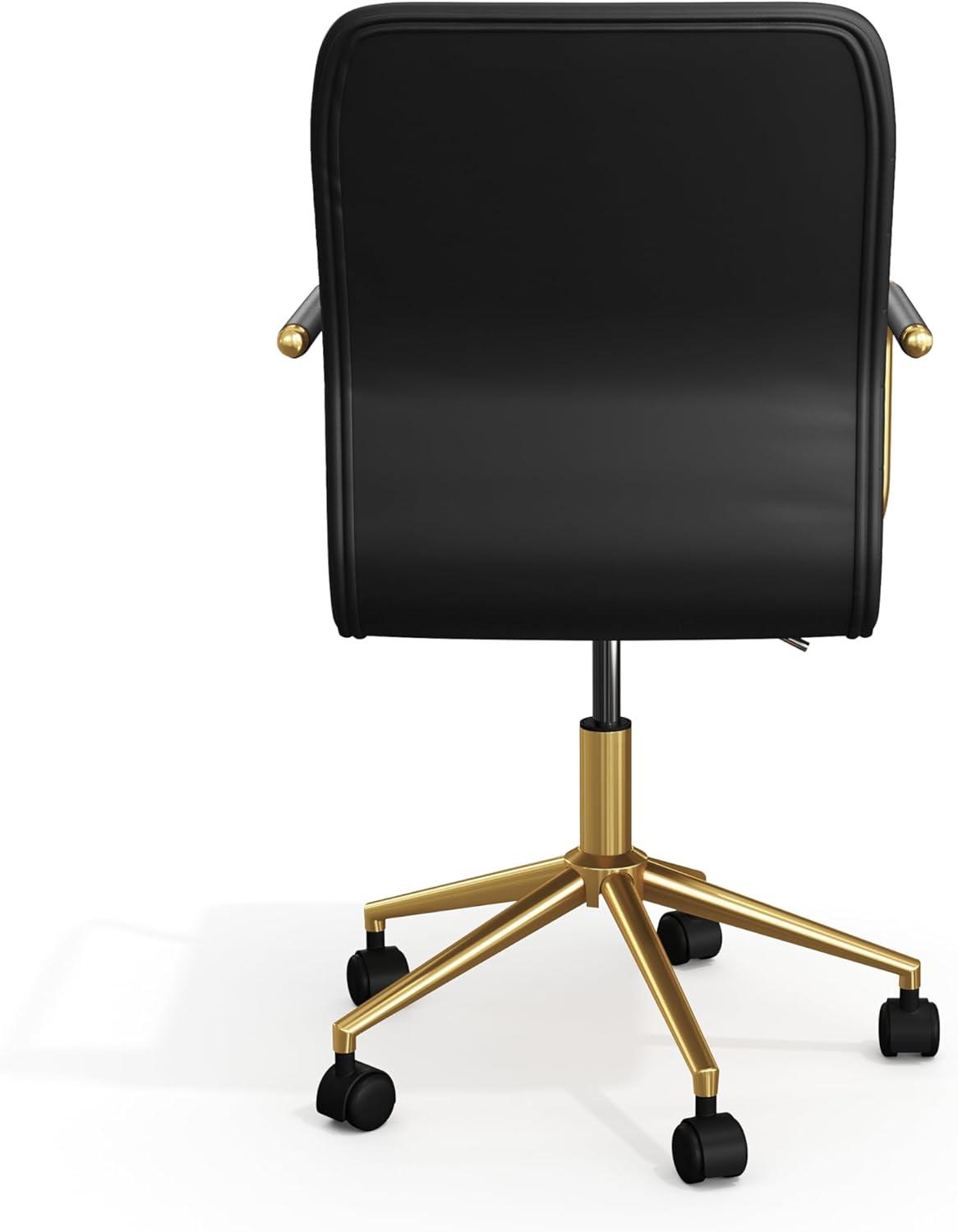 imageMartha Stewart Taytum Swivel Task Chair with Armrests for Home Office in White Faux Leather with Polished Brass FrameBlack Faux LeatherPolished Brass Frame