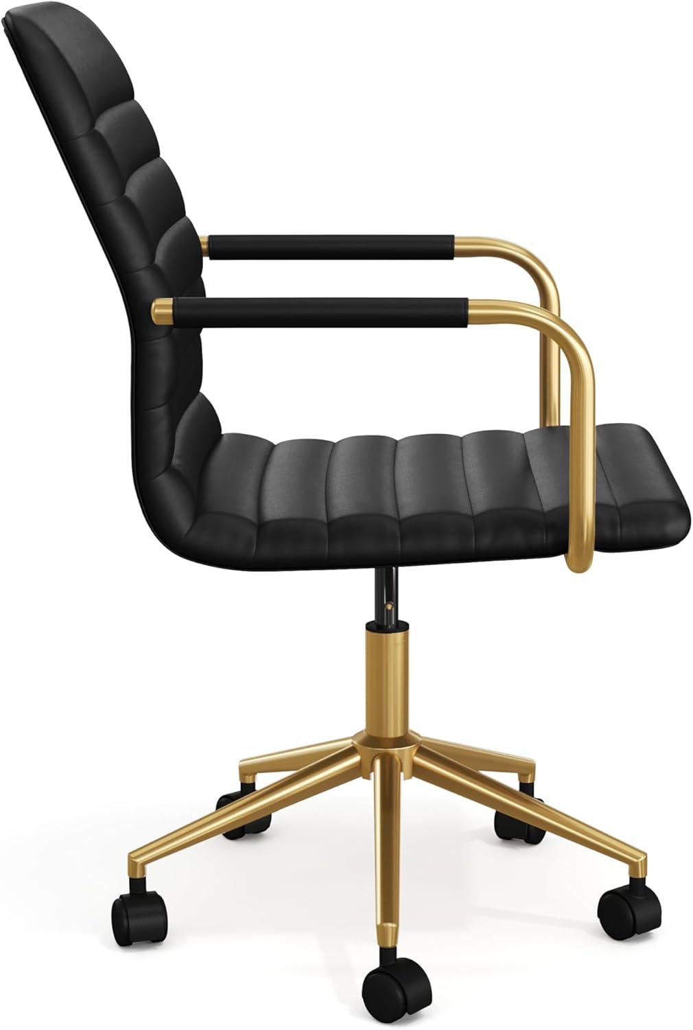 imageMartha Stewart Taytum Swivel Task Chair with Armrests for Home Office in White Faux Leather with Polished Brass FrameBlack Faux LeatherPolished Brass Frame