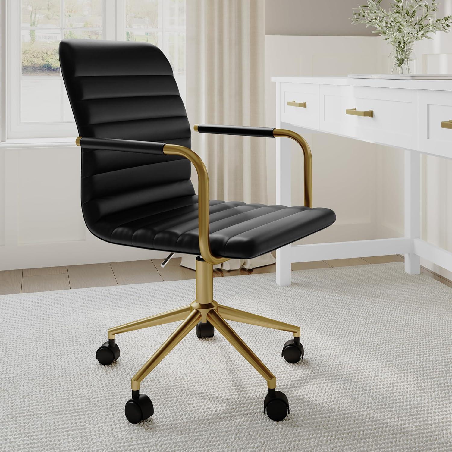 imageMartha Stewart Taytum Swivel Task Chair with Armrests for Home Office in White Faux Leather with Polished Brass FrameBlack Faux LeatherPolished Brass Frame
