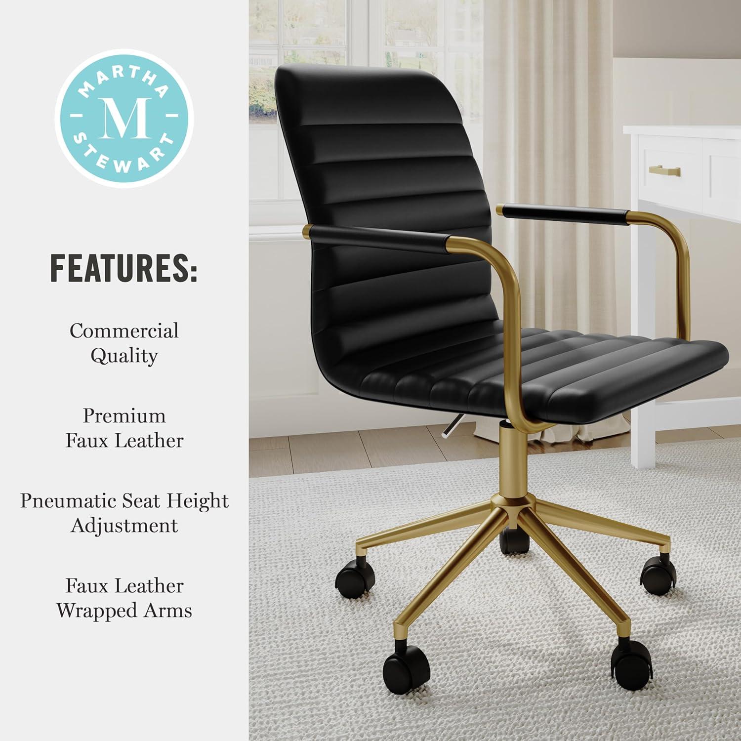 imageMartha Stewart Taytum Swivel Task Chair with Armrests for Home Office in White Faux Leather with Polished Brass FrameBlack Faux LeatherPolished Brass Frame