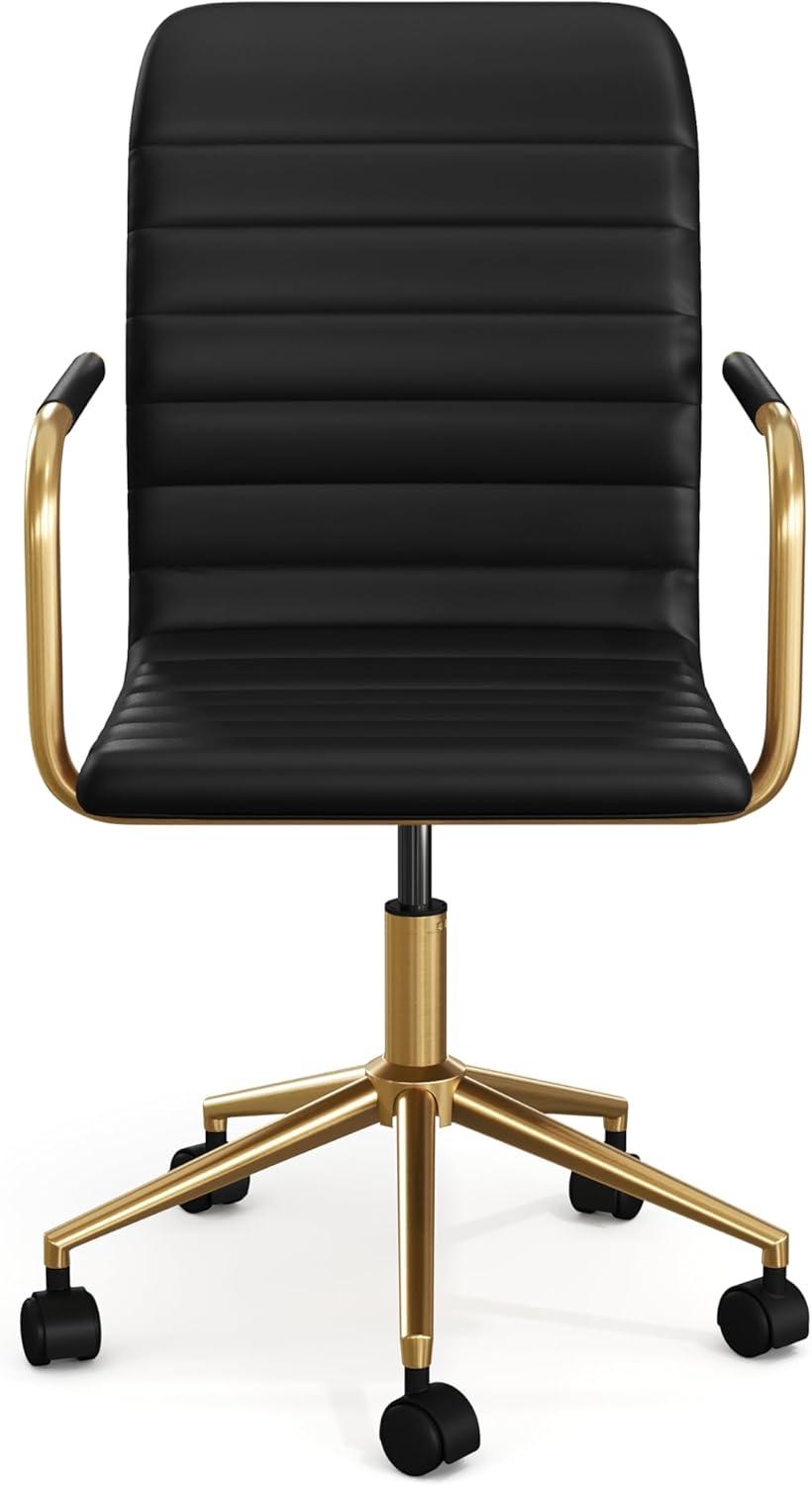 imageMartha Stewart Taytum Swivel Task Chair with Armrests for Home Office in White Faux Leather with Polished Brass FrameBlack Faux LeatherPolished Brass Frame