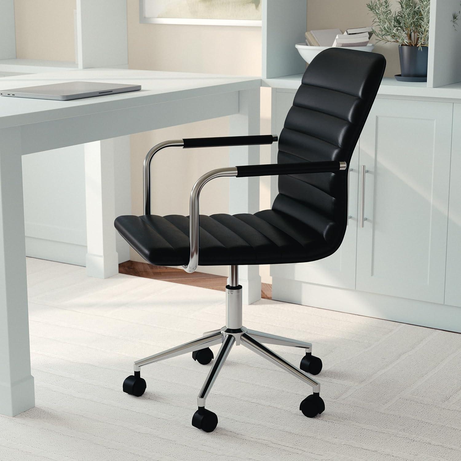 imageMartha Stewart Taytum Swivel Task Chair with Armrests for Home Office in White Faux Leather with Polished Brass FrameBlack Faux LeatherPolished Nickel