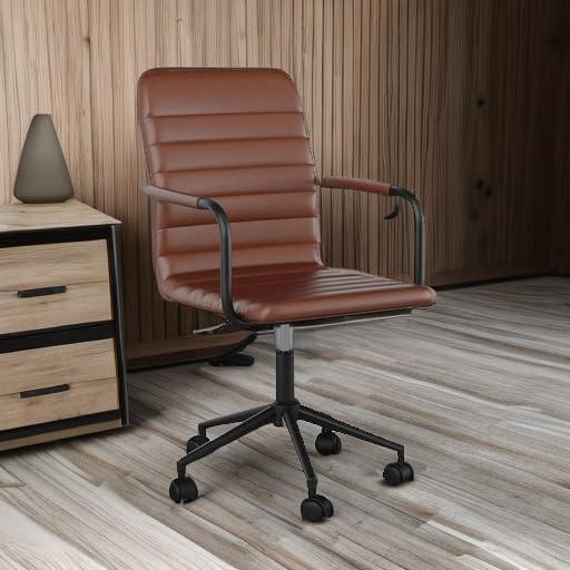 imageMartha Stewart Taytum Swivel Task Chair with Armrests for Home Office in White Faux Leather with Polished Brass FrameSaddle Brown Faux LeatherOil Rubbed Bronze