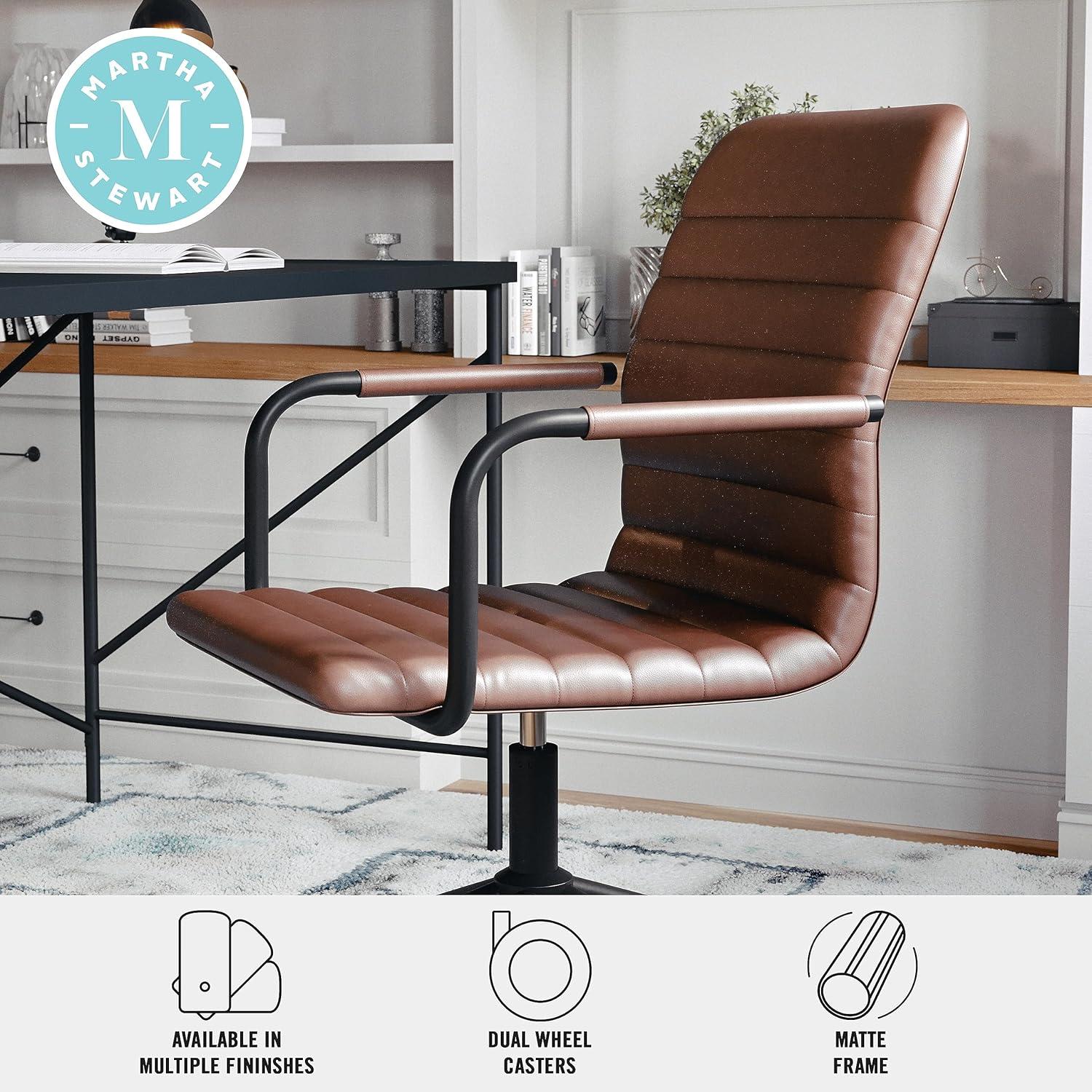 imageMartha Stewart Taytum Swivel Task Chair with Armrests for Home Office in White Faux Leather with Polished Brass FrameSaddle Brown Faux LeatherOil Rubbed Bronze