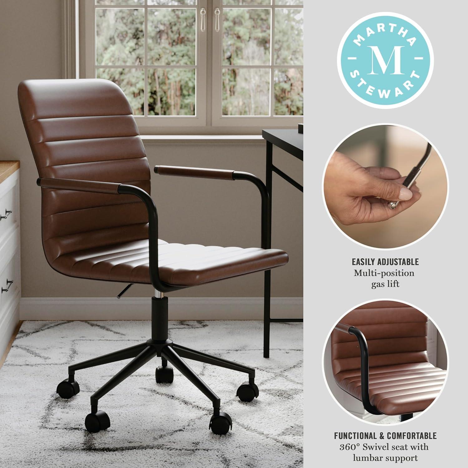 imageMartha Stewart Taytum Swivel Task Chair with Armrests for Home Office in White Faux Leather with Polished Brass FrameSaddle Brown Faux LeatherOil Rubbed Bronze