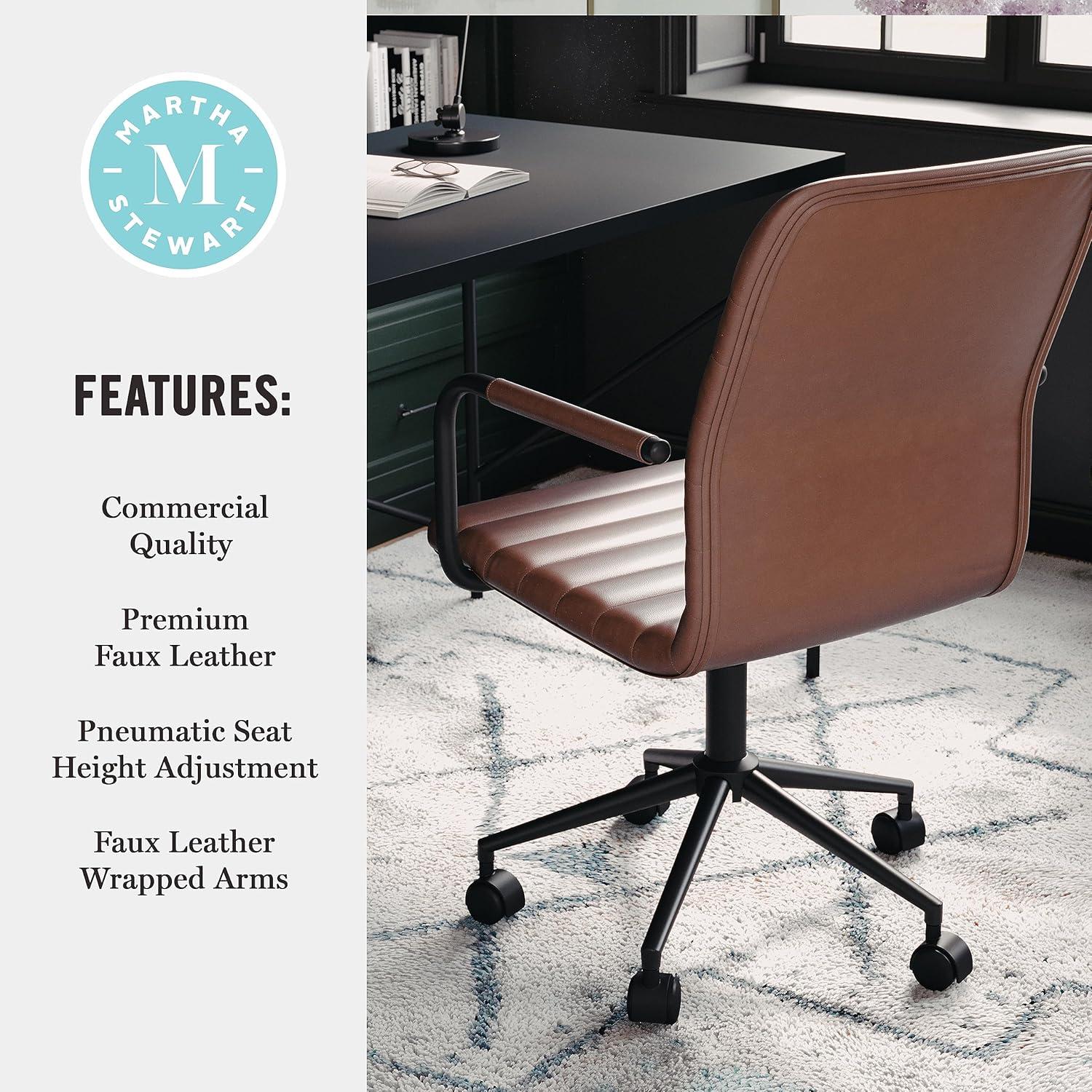 imageMartha Stewart Taytum Swivel Task Chair with Armrests for Home Office in White Faux Leather with Polished Brass FrameSaddle Brown Faux LeatherOil Rubbed Bronze