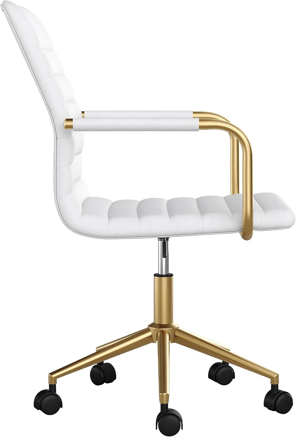 imageMartha Stewart Taytum Swivel Task Chair with Armrests for Home Office in White Faux Leather with Polished Brass FrameWhite Faux LeatherPolished Brass