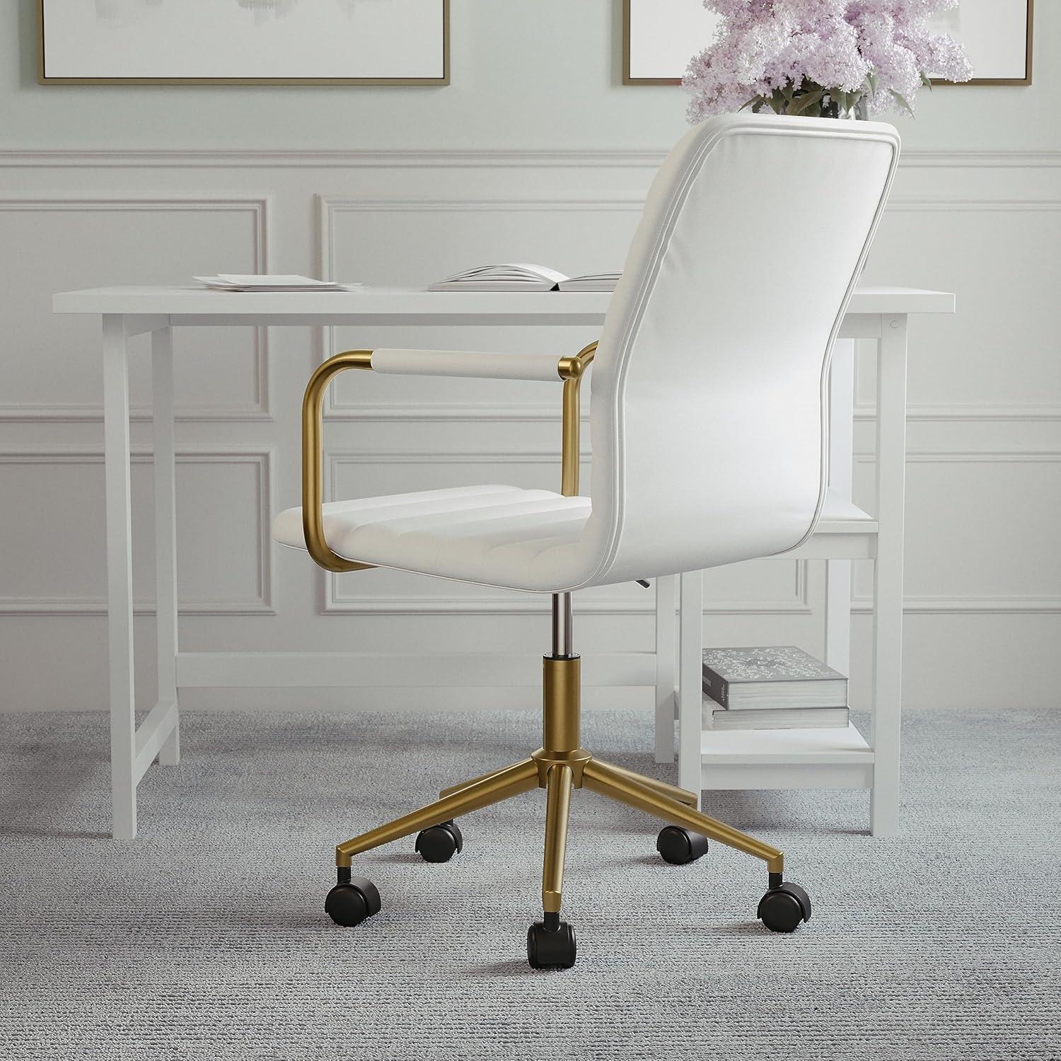 imageMartha Stewart Taytum Swivel Task Chair with Armrests for Home Office in White Faux Leather with Polished Brass FrameWhite Faux LeatherPolished Brass