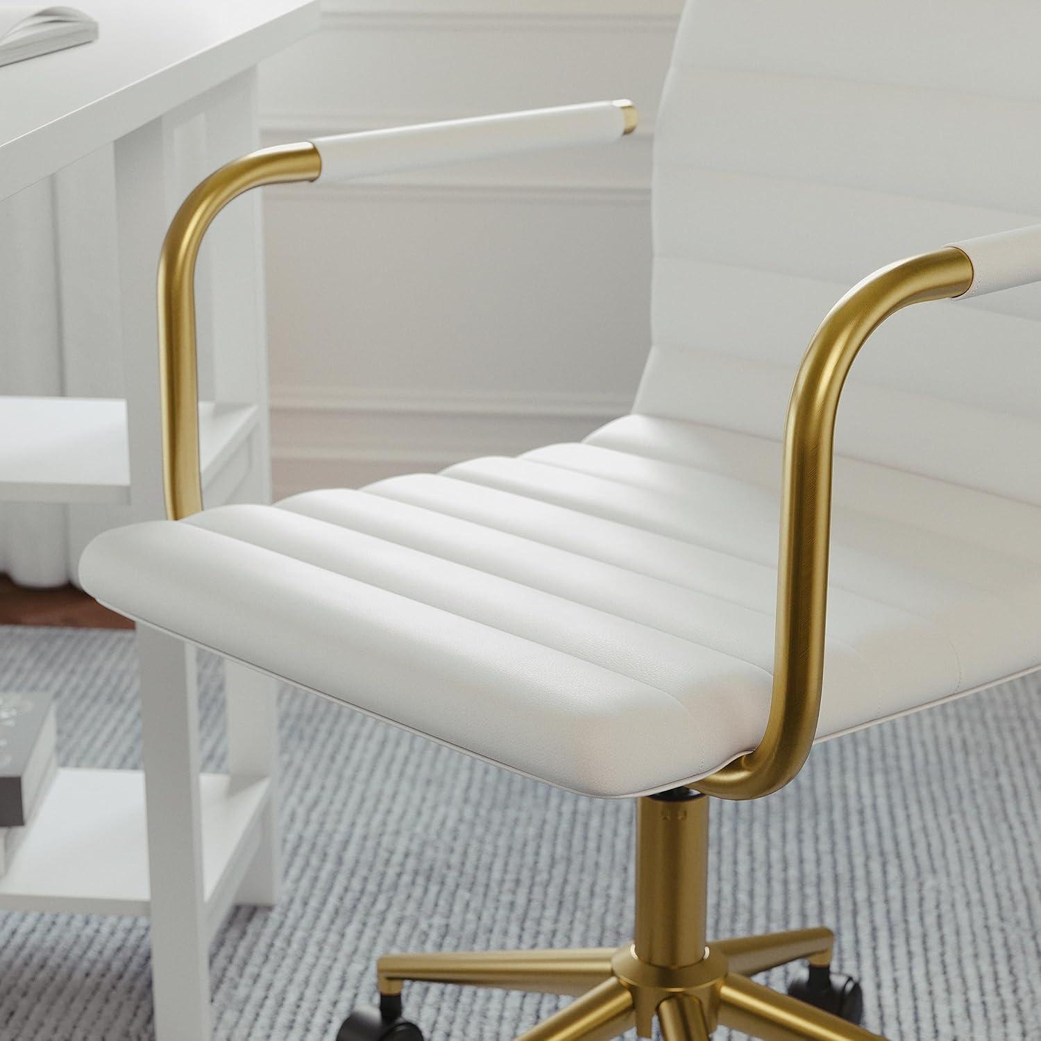 imageMartha Stewart Taytum Swivel Task Chair with Armrests for Home Office in White Faux Leather with Polished Brass FrameWhite Faux LeatherPolished Brass